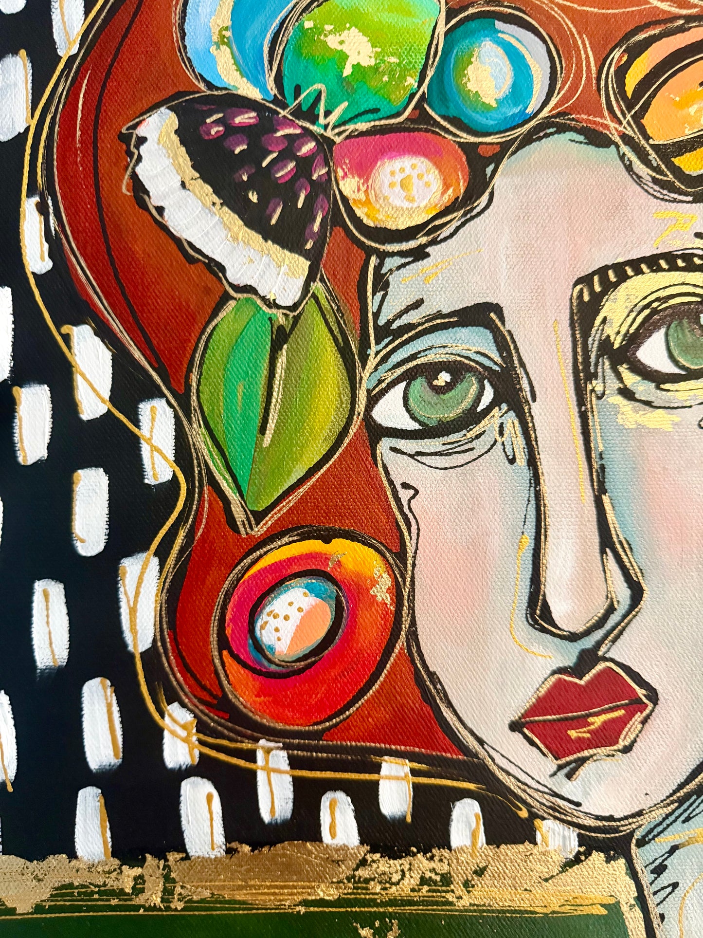 Original, signed painting-18x24”painted, wide edge canvas: Abstract portrait with flowers/mixed media.