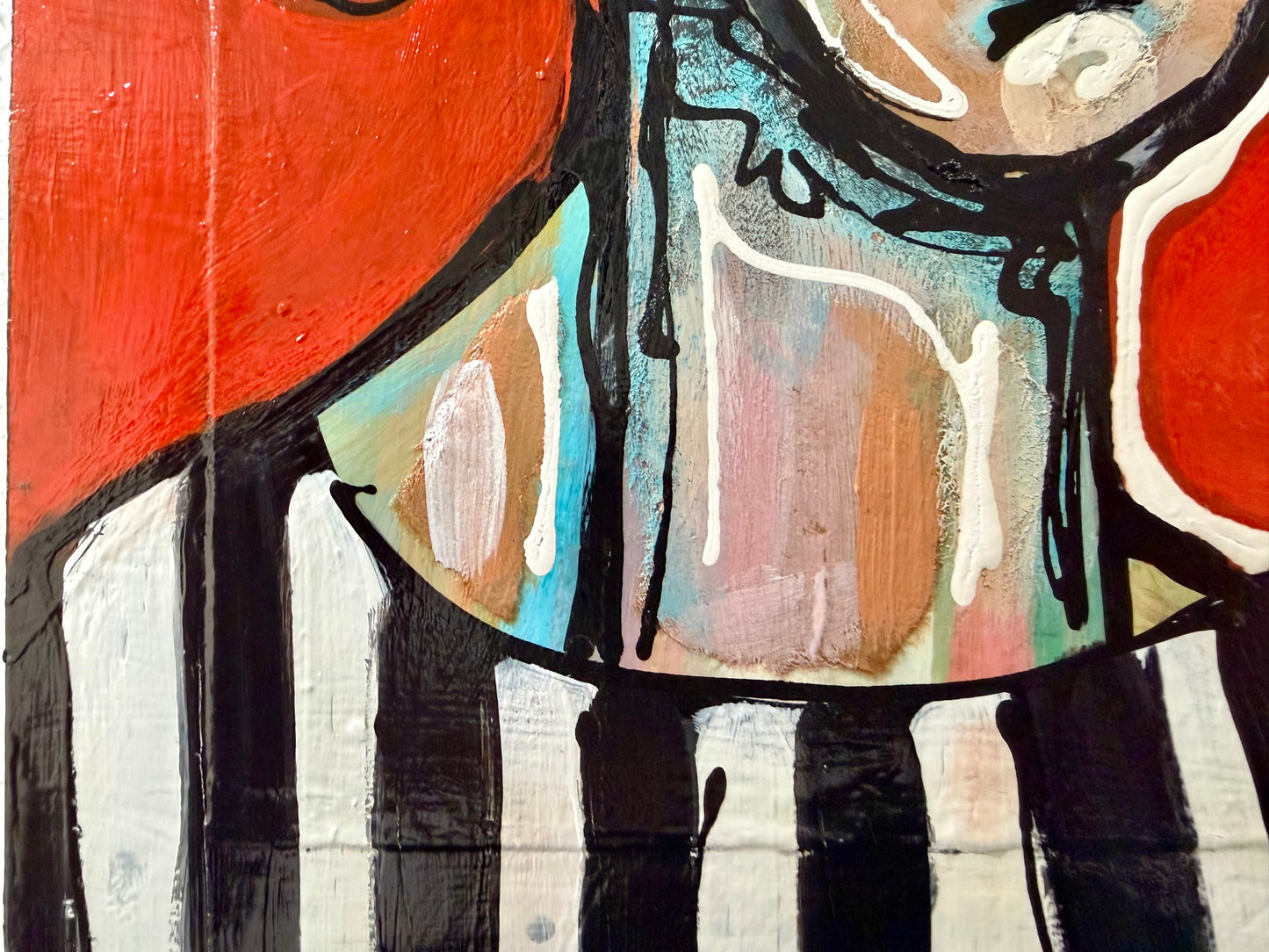 Original, signed mixed media painting/collage on box-framed wood panel. Abstract portrait w/mixed media -11x14”