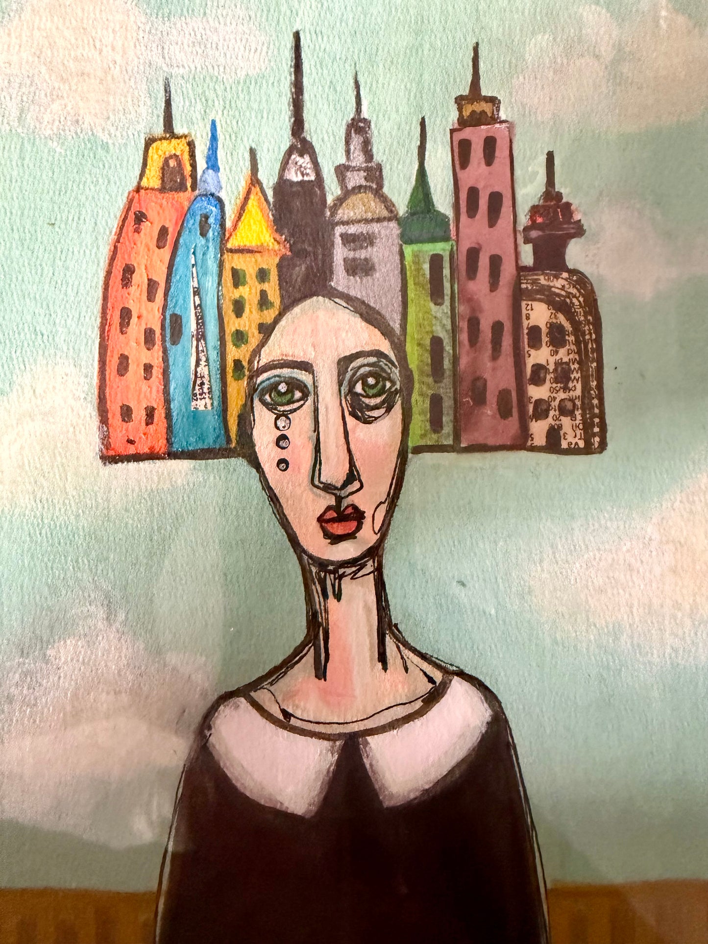 Original,signed painting/mixed media collage portrait on board in black frame, 10x12