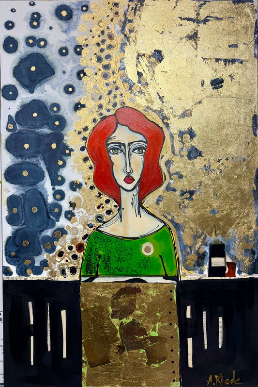 Original, signed painting-24x36” collaged edge canvas: Abstract portrait w/ mixed media
