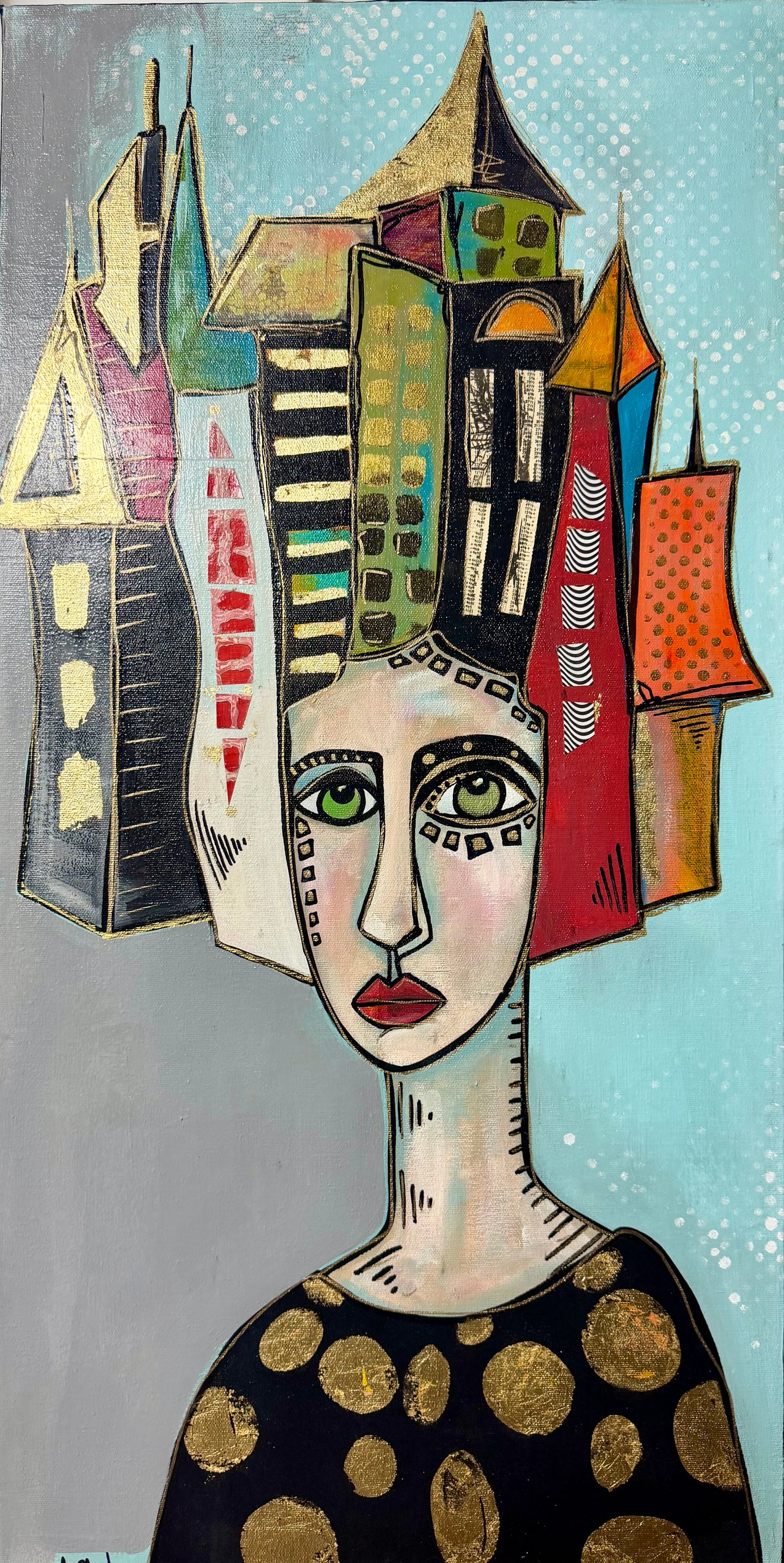 15x30” Original signed painting on painted edge canvas. Tall Abstract portrait, acrylic w/collage cityscape