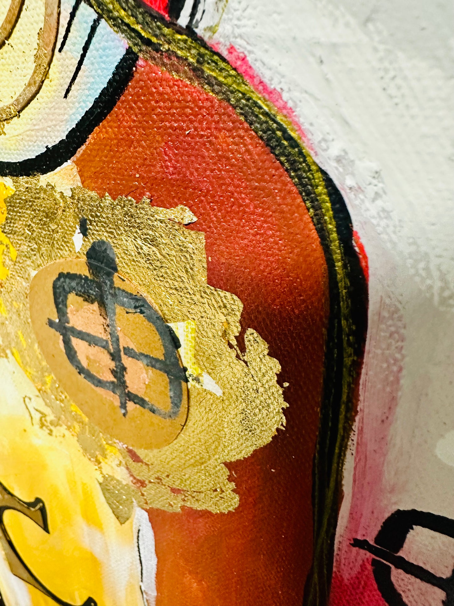 Original, signed painting-12x24” wide collage edge canvas: Abstract portrait w/ mixed media