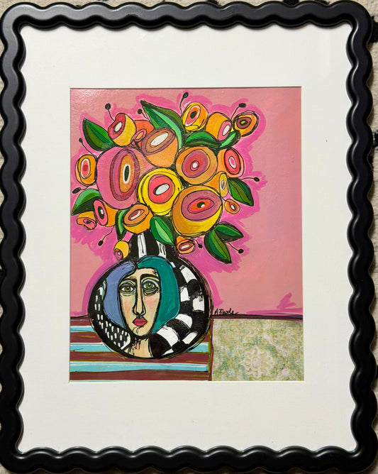 Original,signed painting/mixed media collage on in black frame, 12x15” portrait vase.
