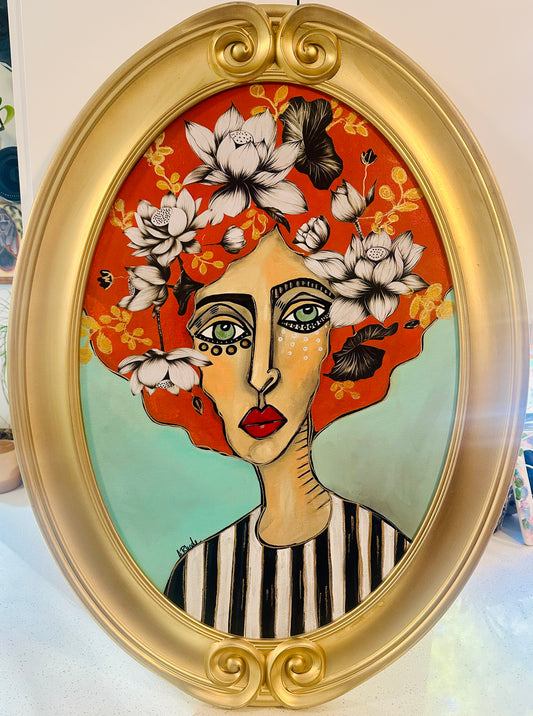 Original painting on canvas board-in Unique oval frame-23x31” Portrait-w/ mixed media botanical collage.