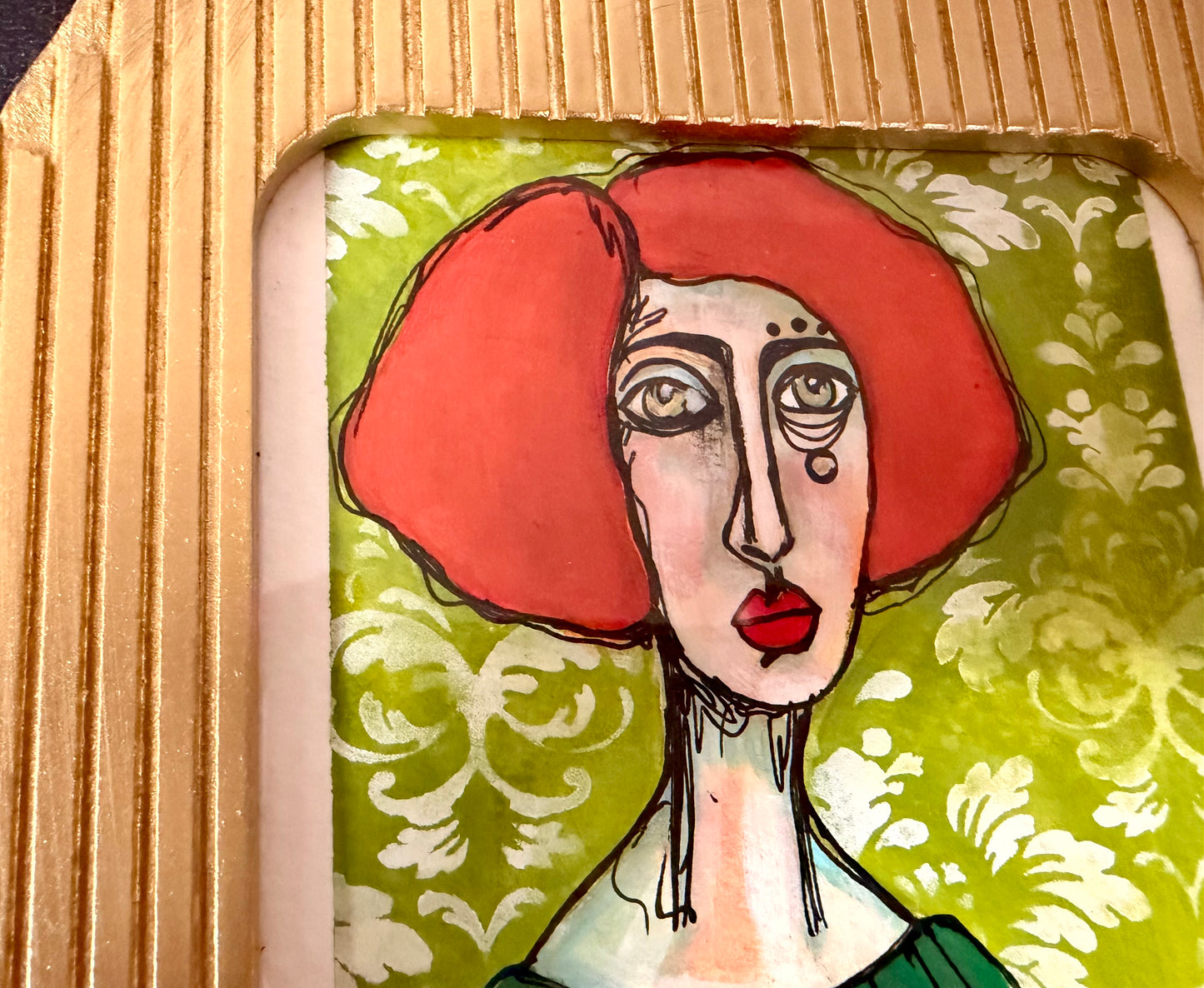 Original,signed painting/mixed media collage portrait on heavyweight archival paper in gold arch frame, 8x9