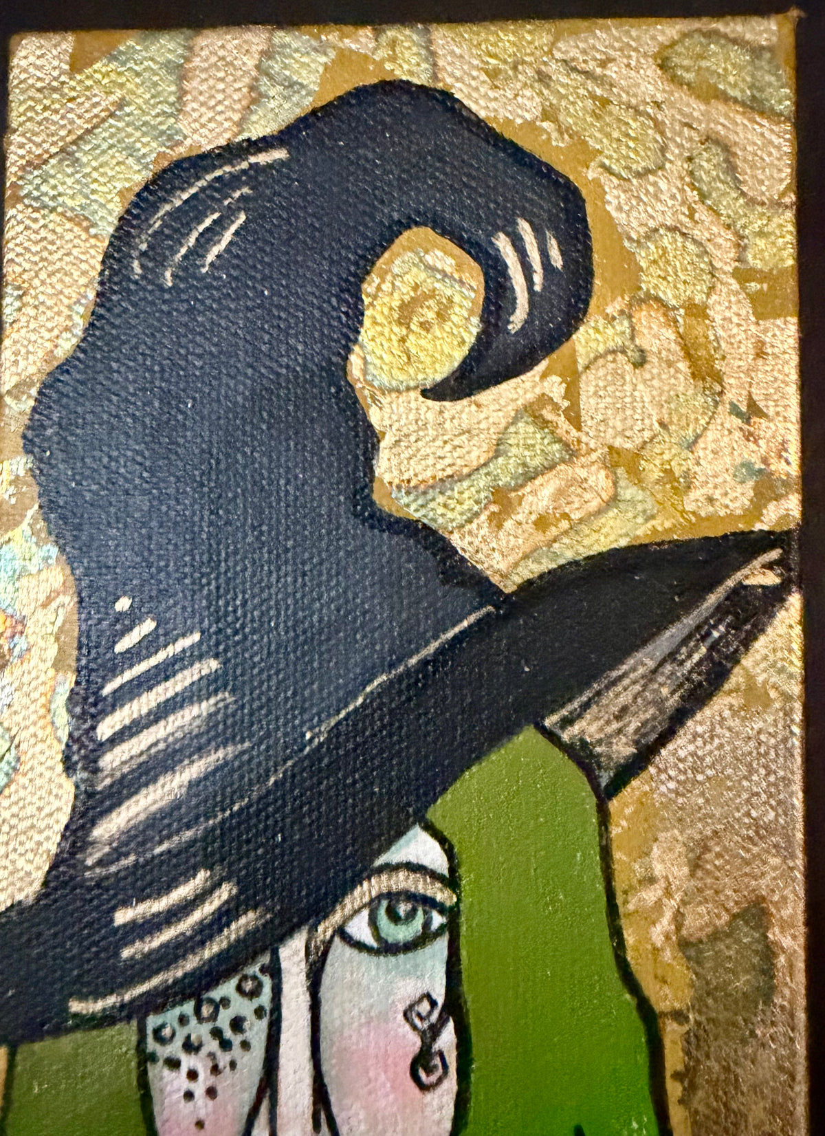 Original, signed mini /slender painting on canvas  Abstract portrait w/mixed media 4x12x1.5”