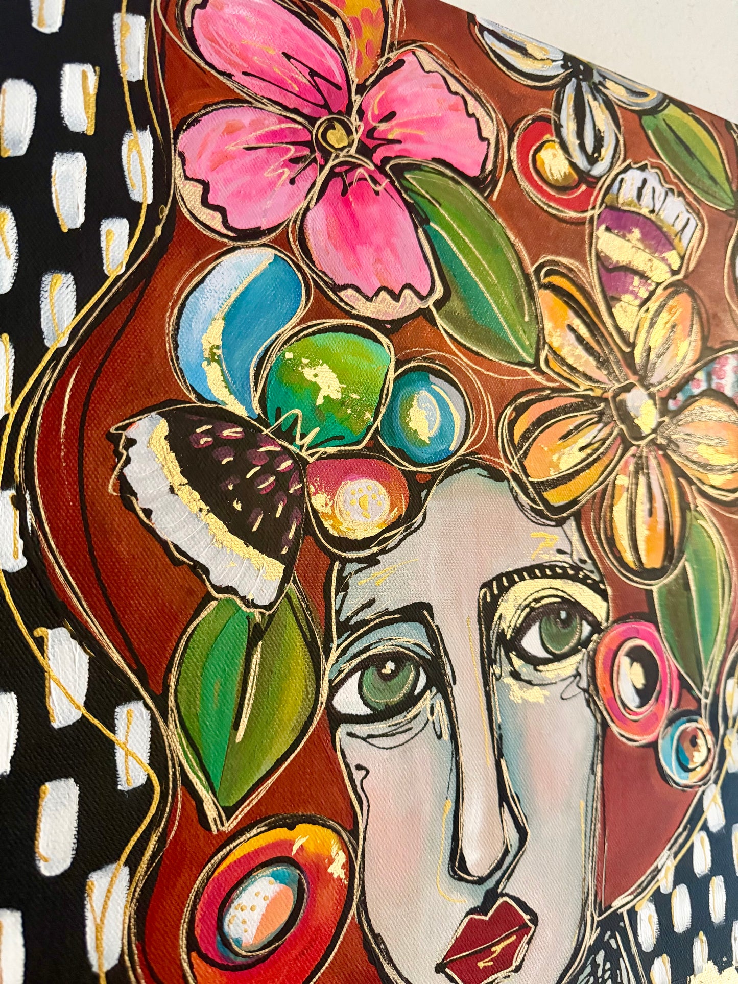Original, signed painting-18x24”painted, wide edge canvas: Abstract portrait with flowers/mixed media.