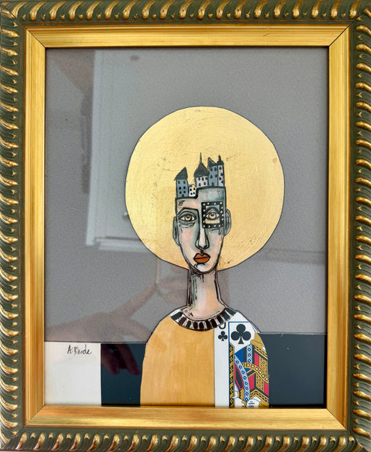Original,signed painting/mixed media collage portrait on board in gold frame, 10x12”
