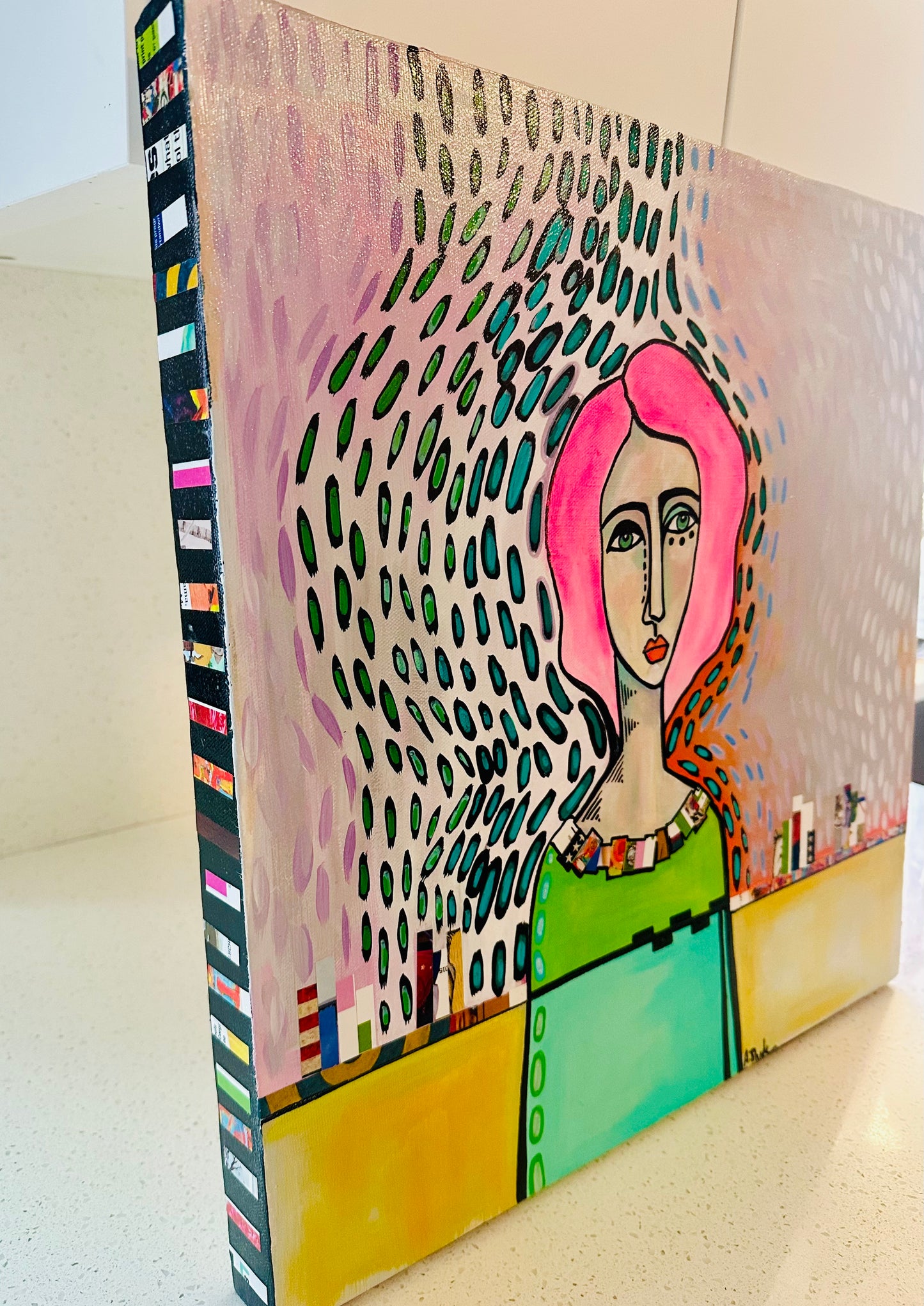 Original, signed painting-18x18” wide collage edge canvas: Abstract portrait w/ mixed media