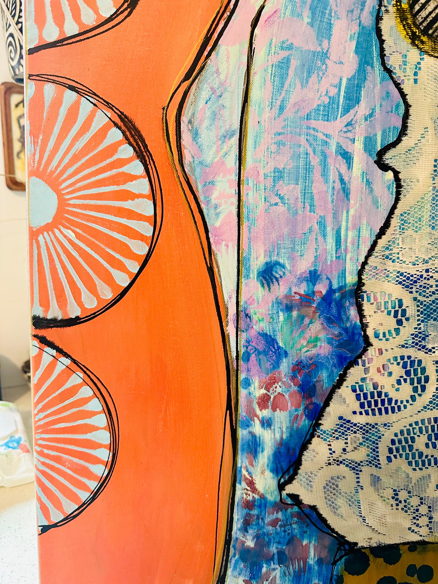 Original, signed painting-24x48”- black edge canvas: Abstract portrait w/ mixed media -“copper nimbus”