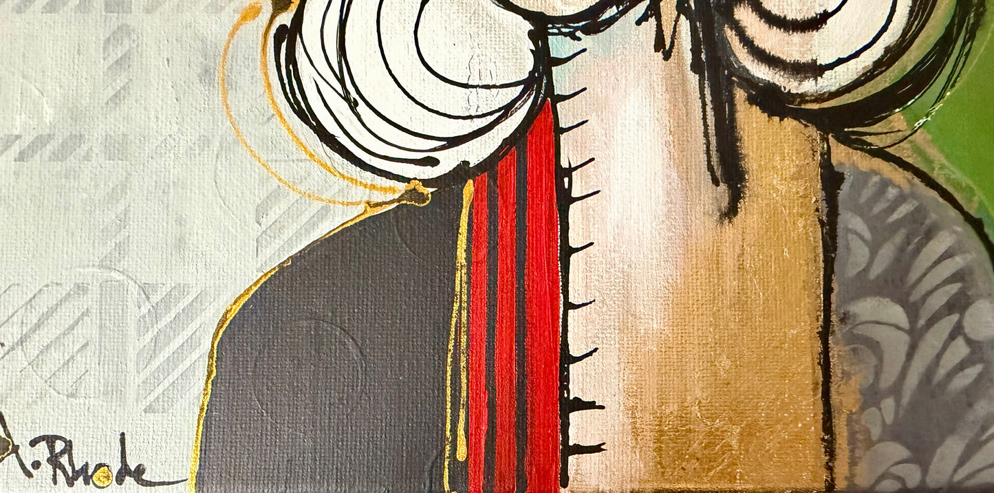 Original, signed painting on canvas  Abstract portrait w/mixed media - square 12x12”