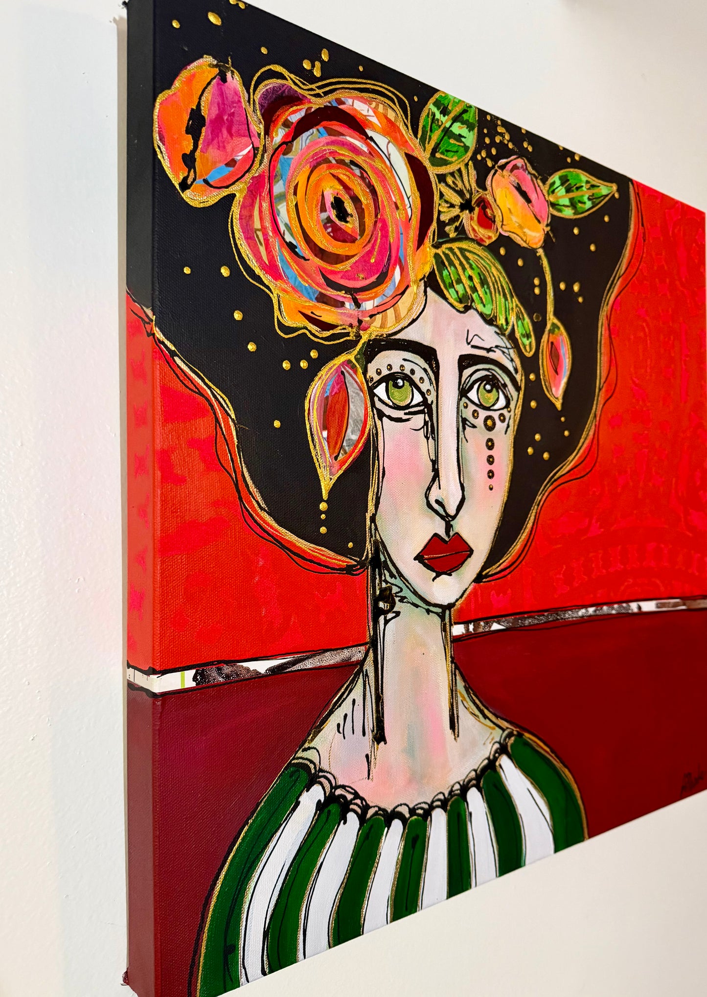 Original, signed painting-20x20”wide edge canvas: Abstract portrait with flowers/mixed media.