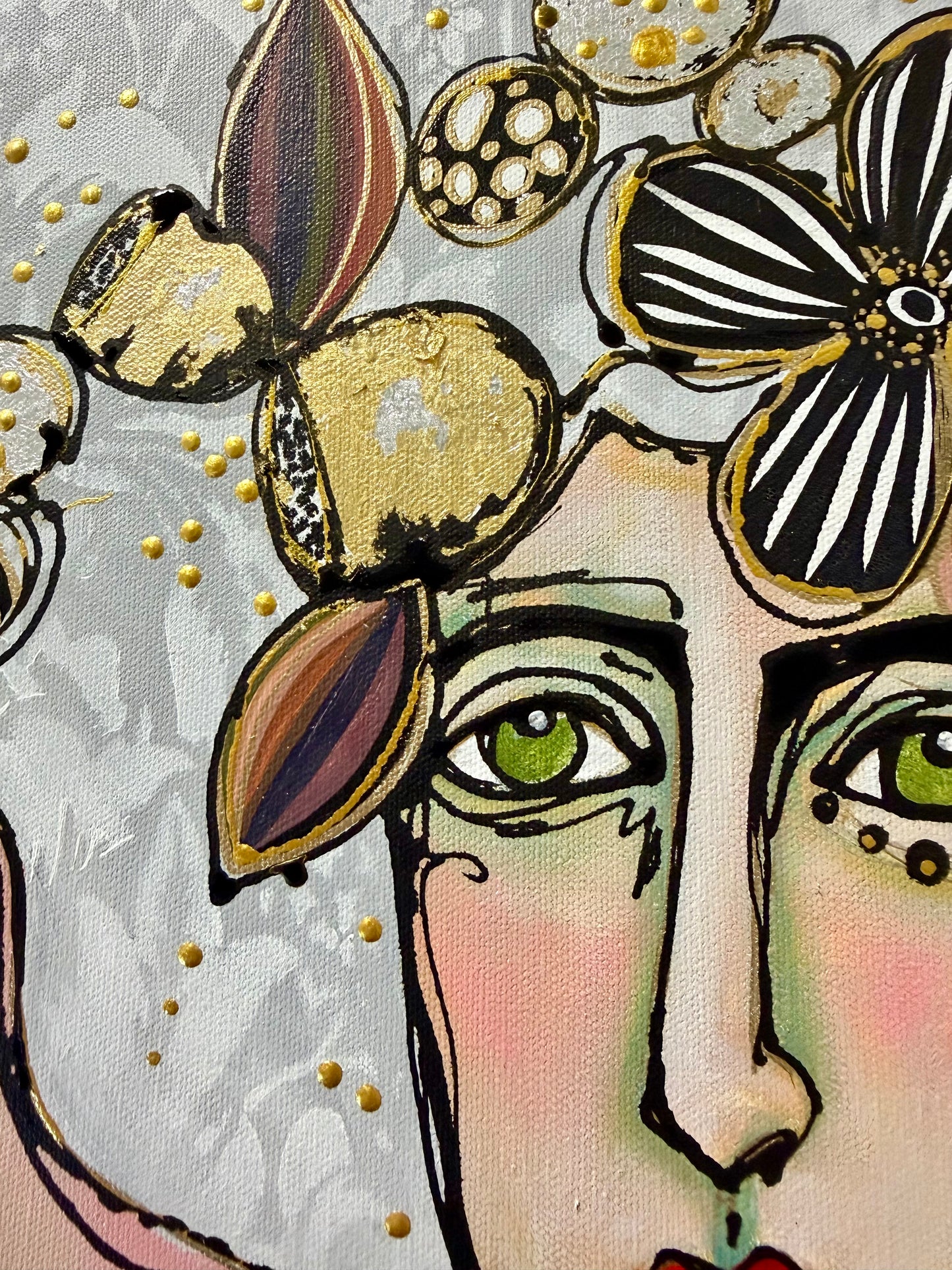 Original, signed painting-20x20”wide edge canvas: Abstract portrait with flowers/mixed media.