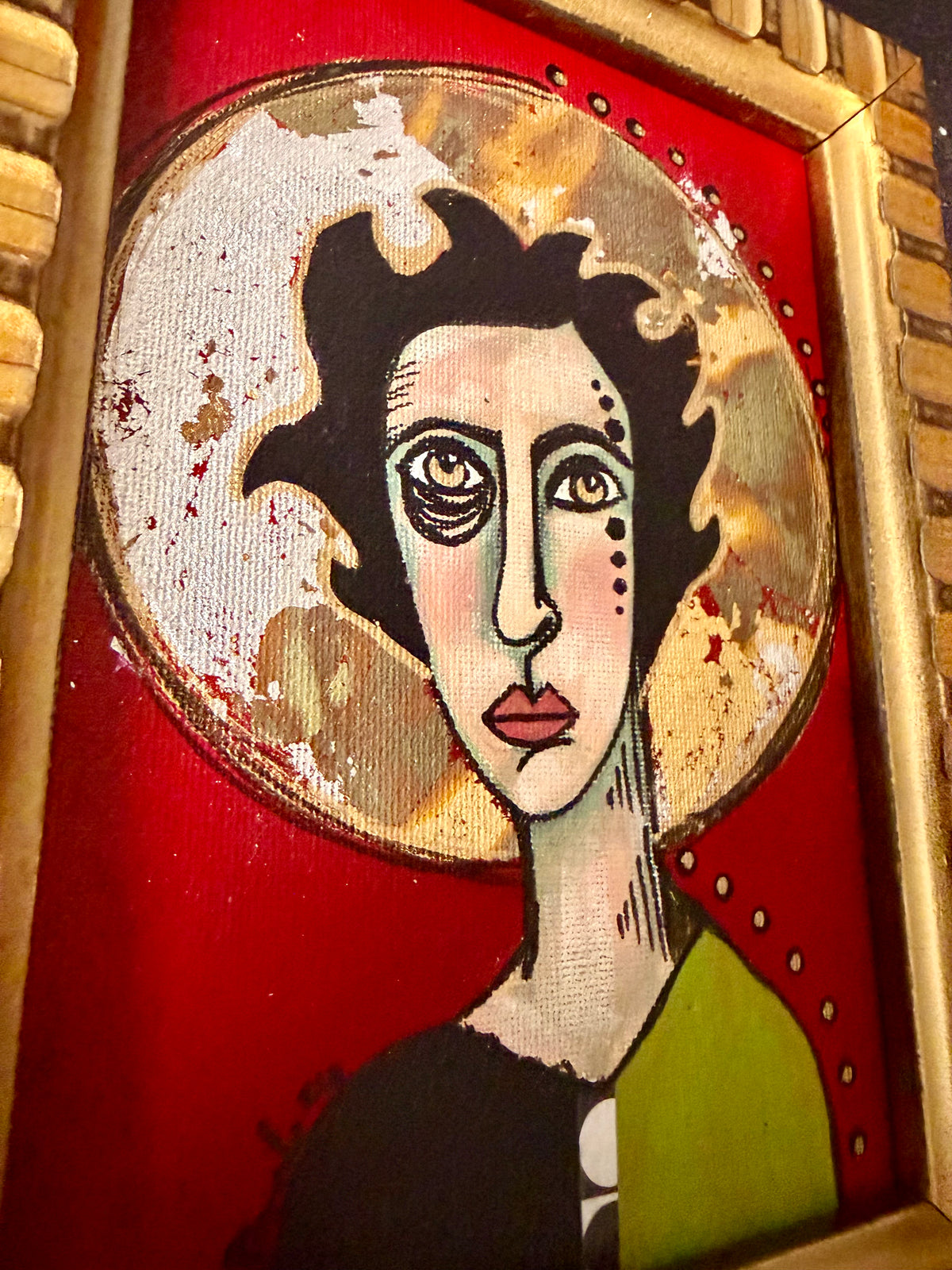 Original,signed painting-mixed media portrait on canvas in gold frame 9x11