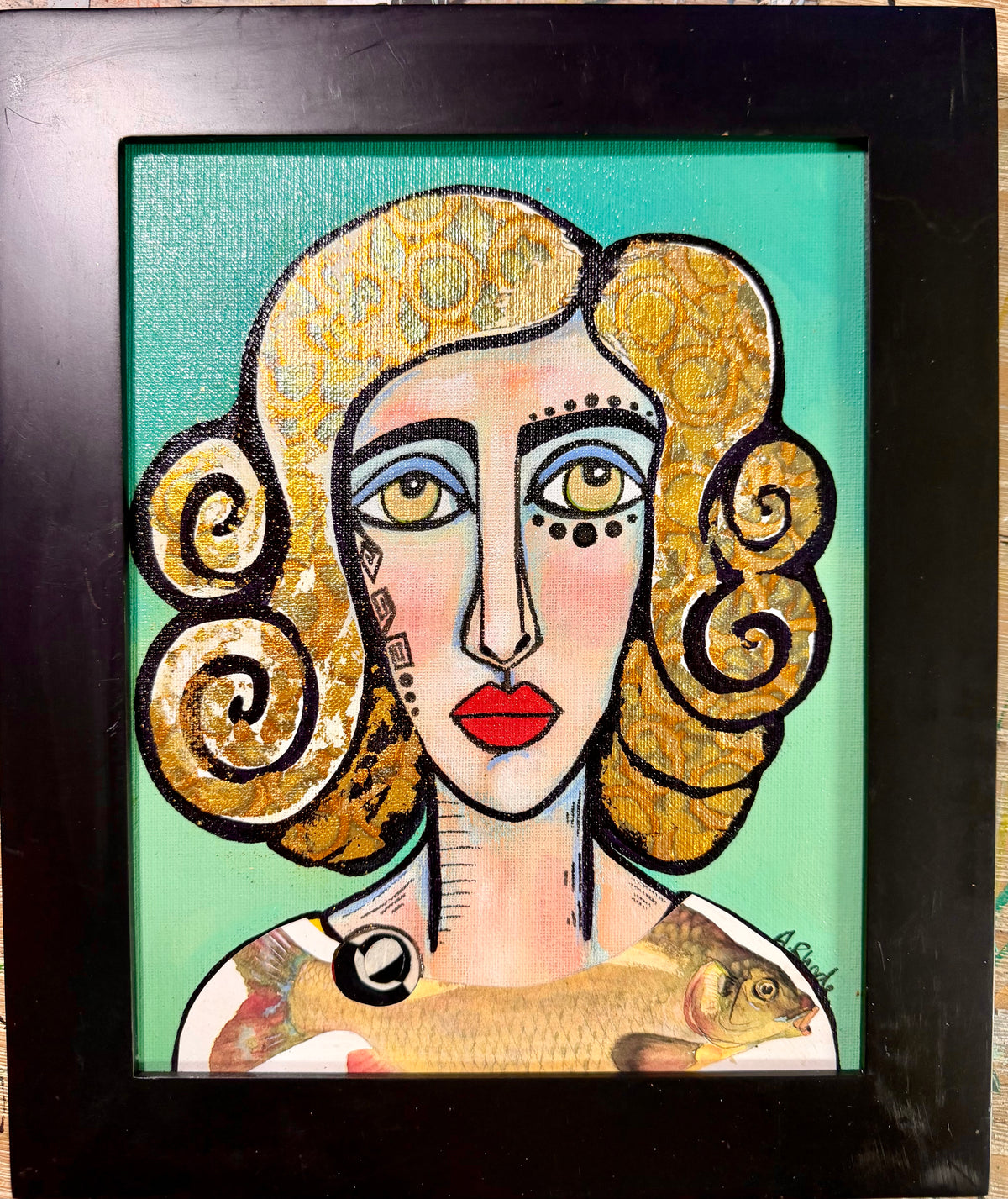 Original,signed painting-mixed media portrait on canvas board in black frame 10x12”