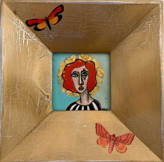 Original,mini-signed painting-mixed media portrait on canvas in gold frame 9x9