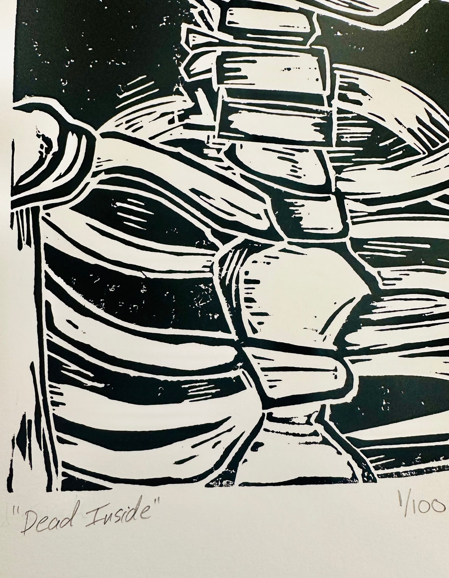 Original, hand-carved & pulled linocut block print - Unframed, 11x14 print or 13x16 framed - “Dead Inside”Abstract  Portrait.