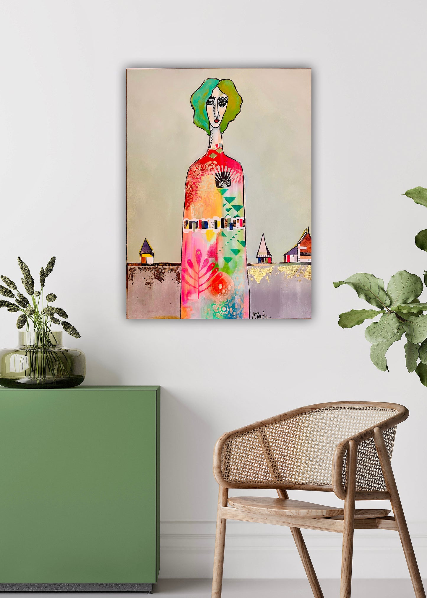 Original, signed painting-18x24” painted edge canvas: Abstract portrait w/ mixed media