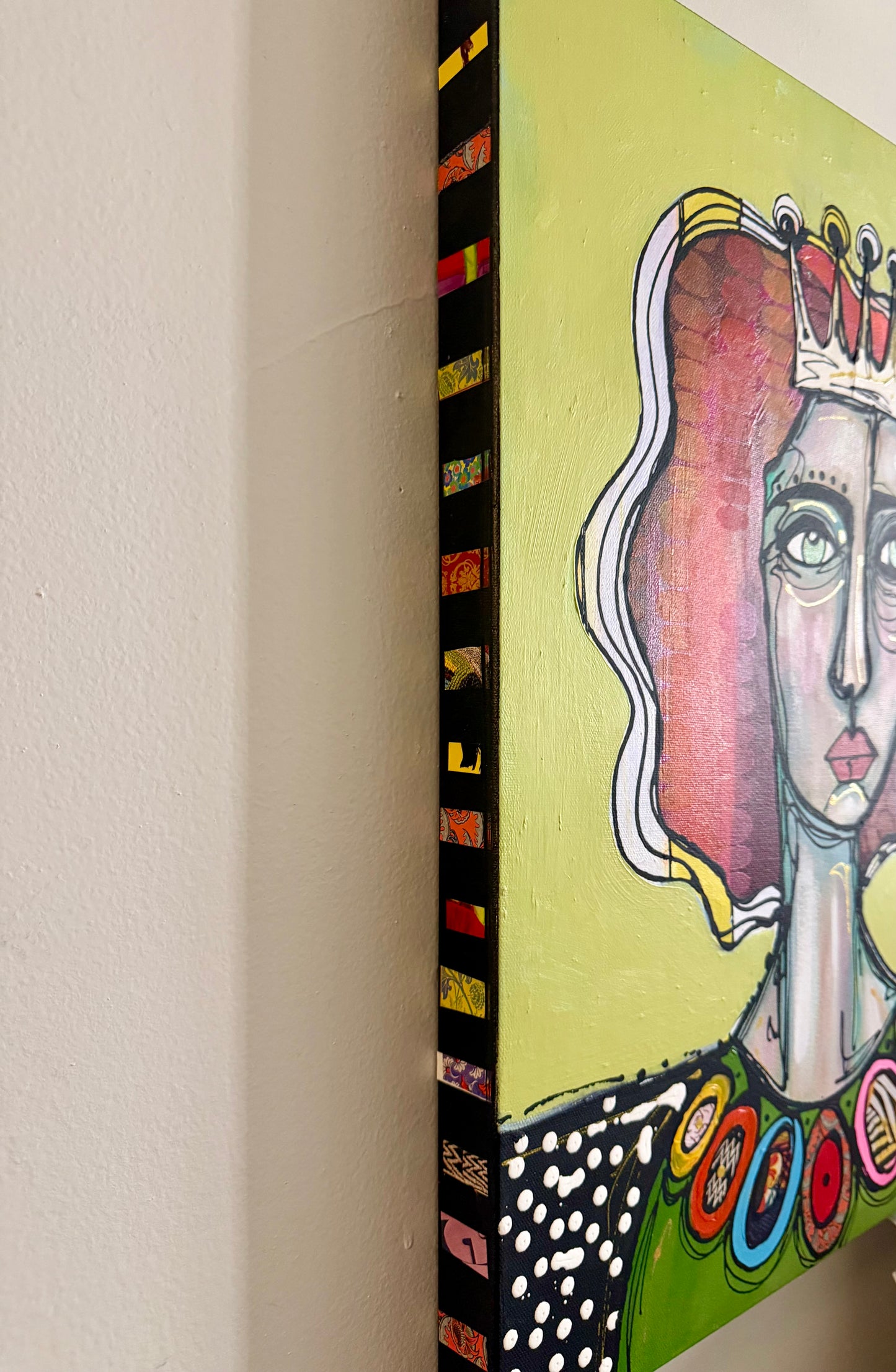 Original, signed painting-20x24”wide edge canvas: Abstract portrait with mixed media and collage edge