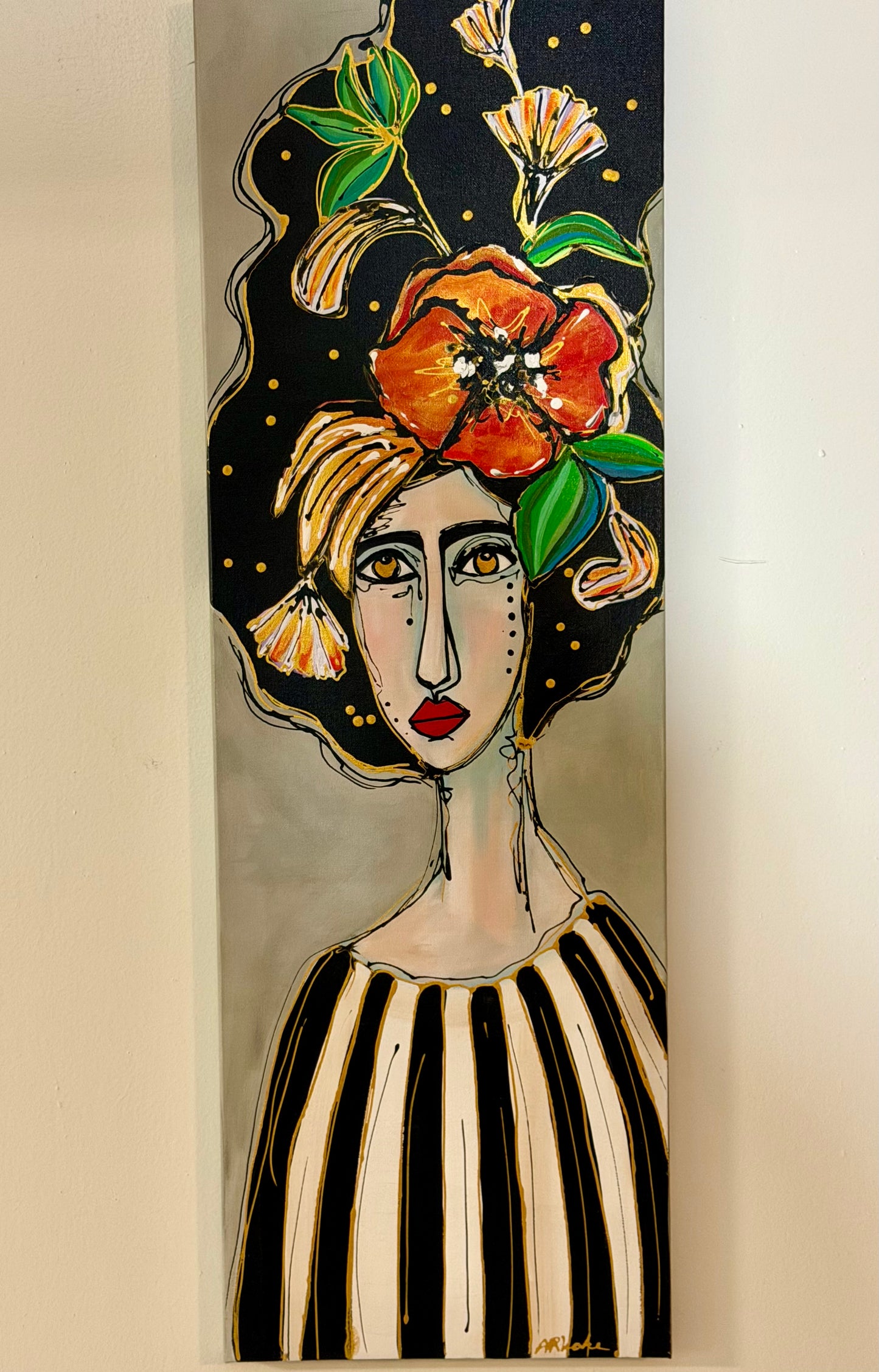 Original, signed painting-12x36” painted edge canvas: Abstract portrait with mixed media