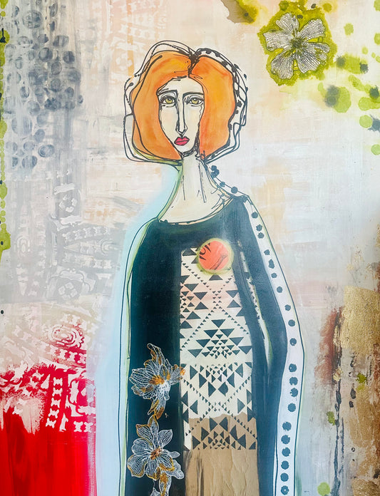 Original, signed painting-36x60” wide edge gallery canvas: Abstract portrait w/ mixed media
