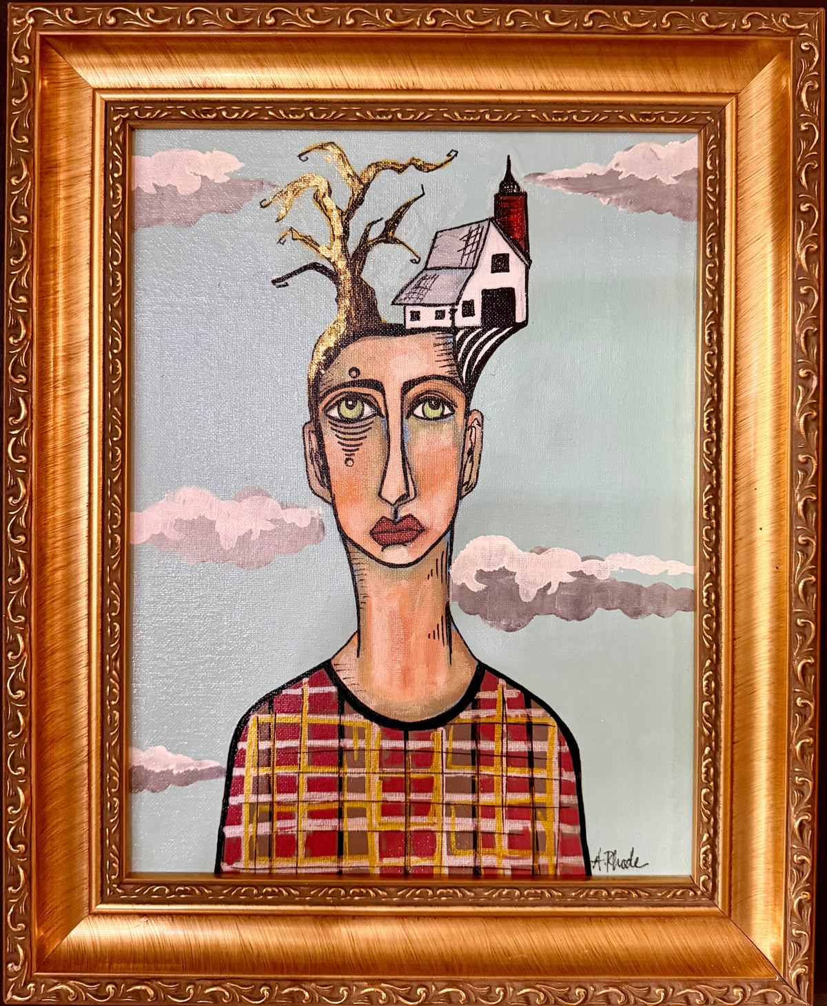 Original,signed painting-mixed media portrait on canvas in gold frame 14x17