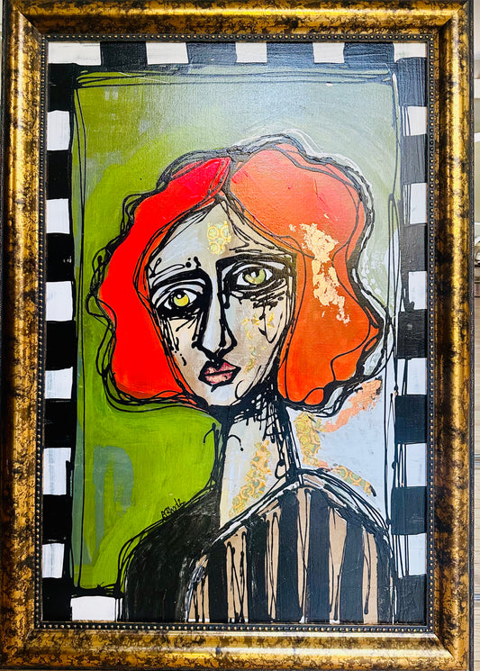 Large 29x41”  - Original painting on canvas board in mod gold frame.  Abstract portrait w/mixed media