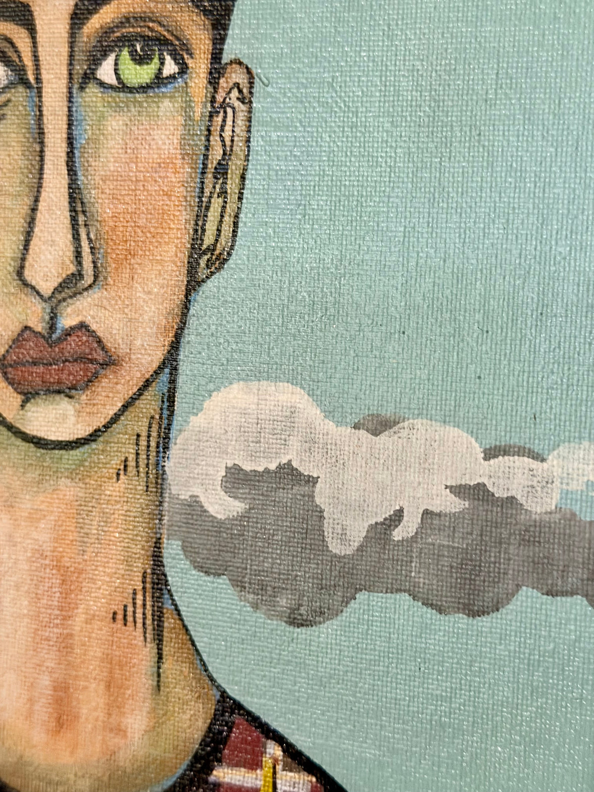 Original,signed painting-mixed media portrait on canvas in gold frame 14x17