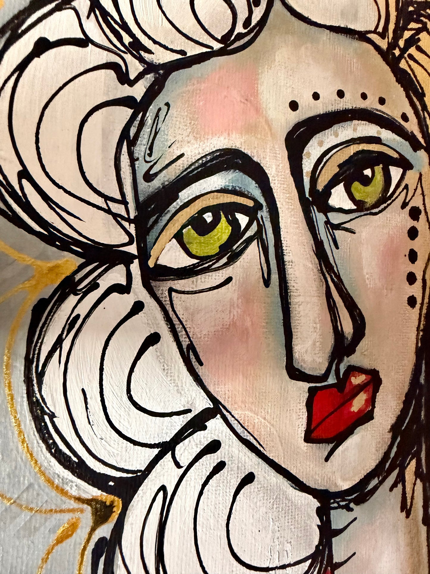 Original, signed painting on canvas  Abstract portrait w/mixed media - square 12x12”