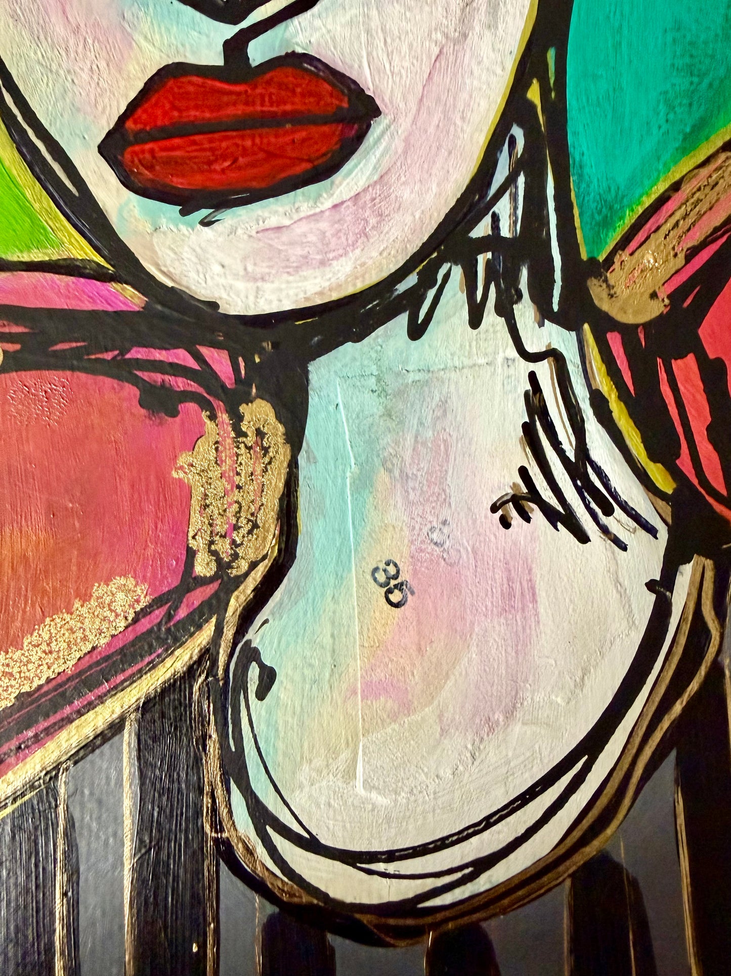 Original, signed painting on canvas  Abstract portrait w/mixed media - square 12x12”
