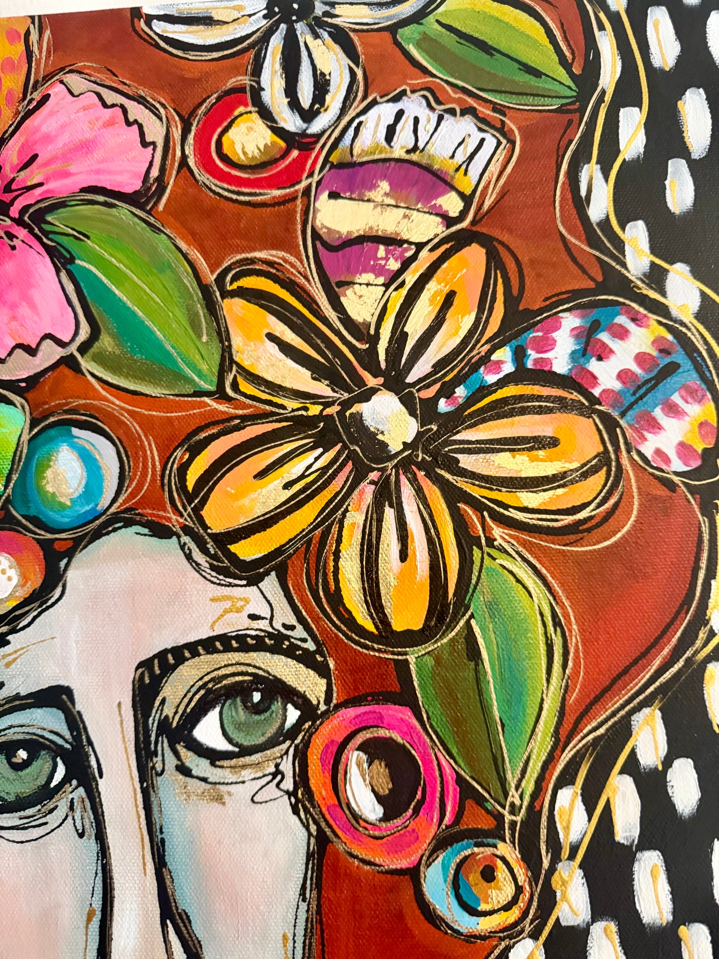 Original, signed painting-18x24”painted, wide edge canvas: Abstract portrait with flowers/mixed media.
