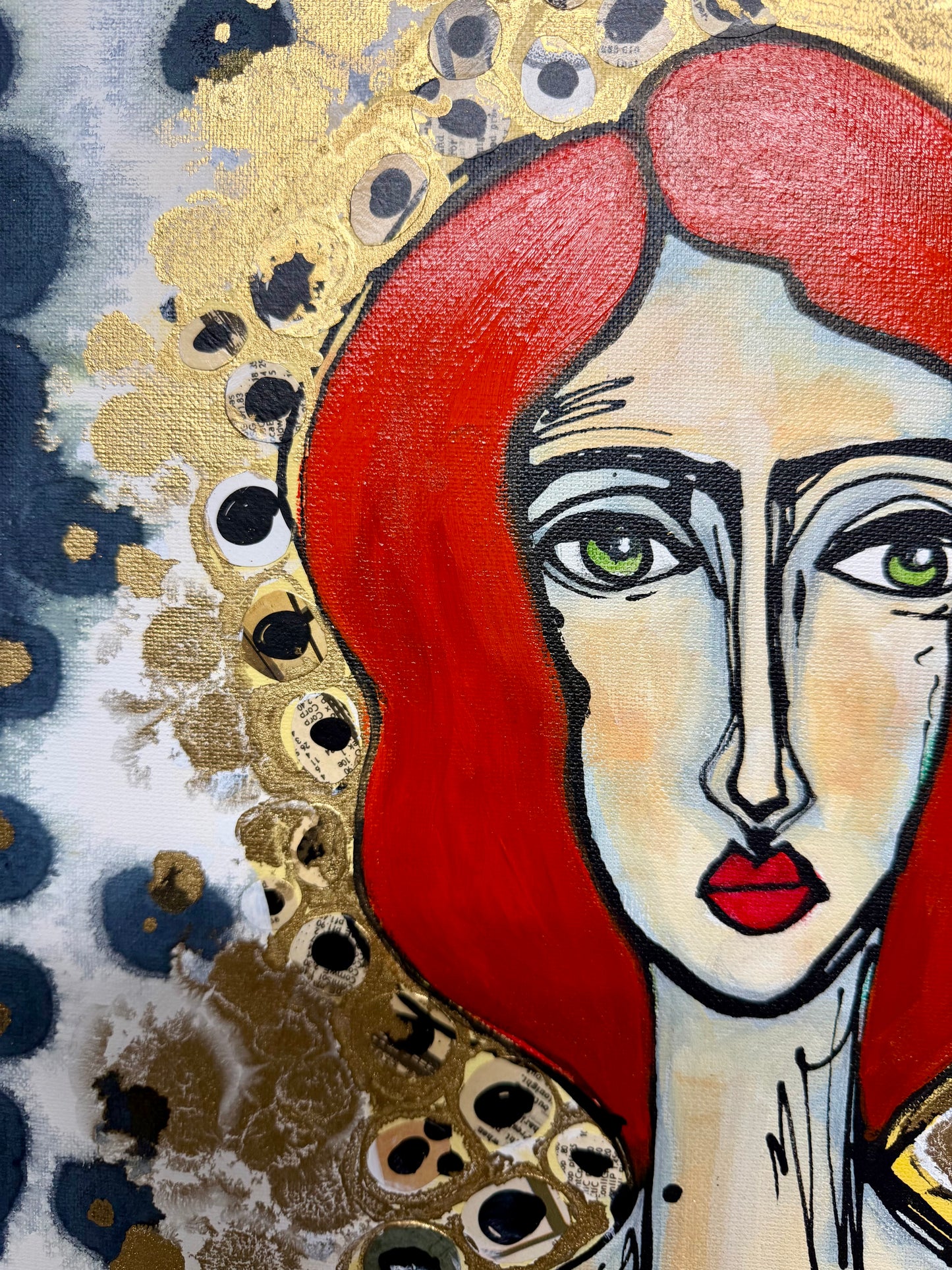 Original, signed painting-24x36” collaged edge canvas: Abstract portrait w/ mixed media