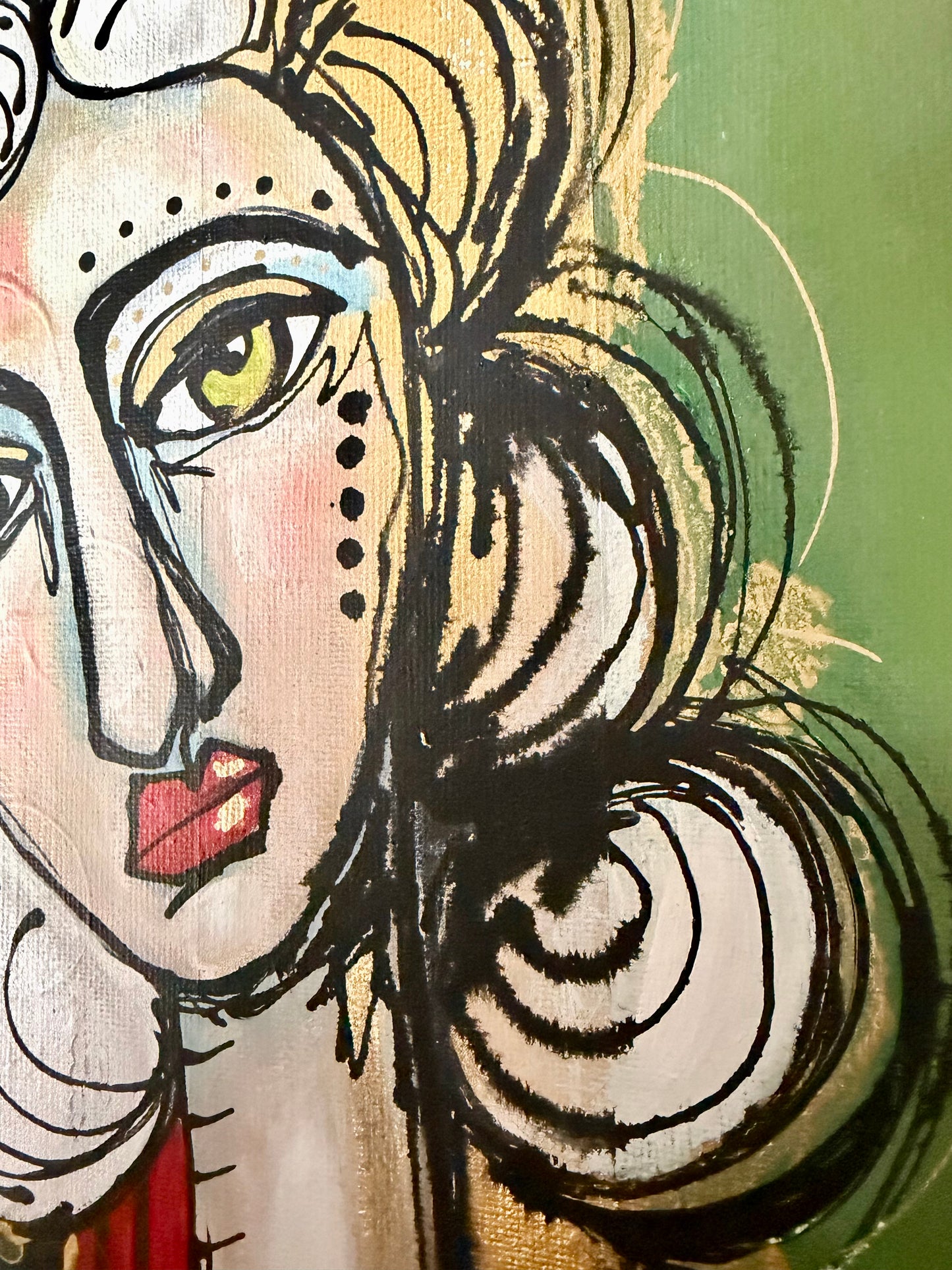 Original, signed painting on canvas  Abstract portrait w/mixed media - square 12x12”