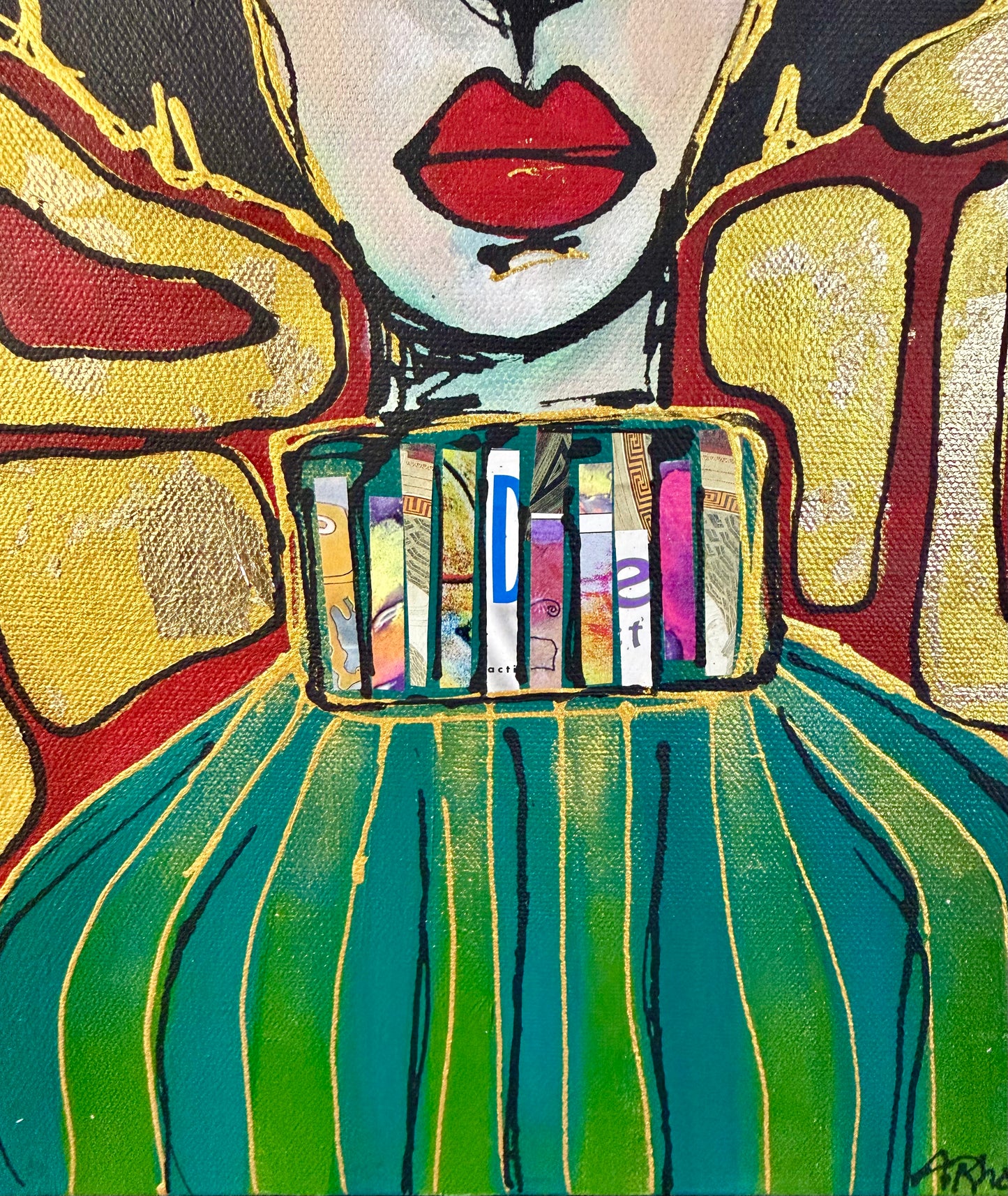 Original, signed painting-12x24” painted edge canvas: Abstract portrait w/ mixed media crown