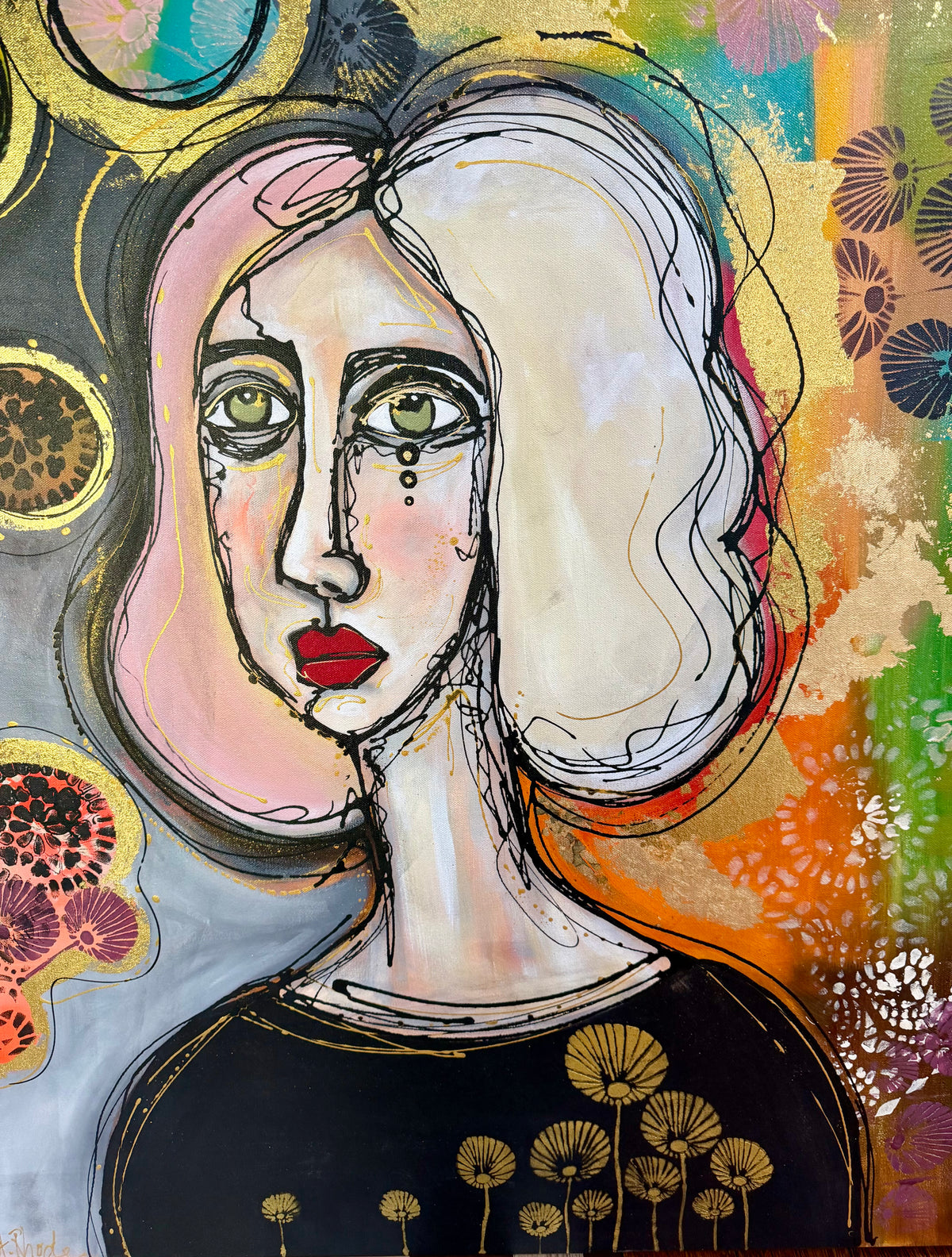36x48 Original signed painting-wide gallery edge canvas Abstract portrait, acrylic w/mixed media & decorated edge