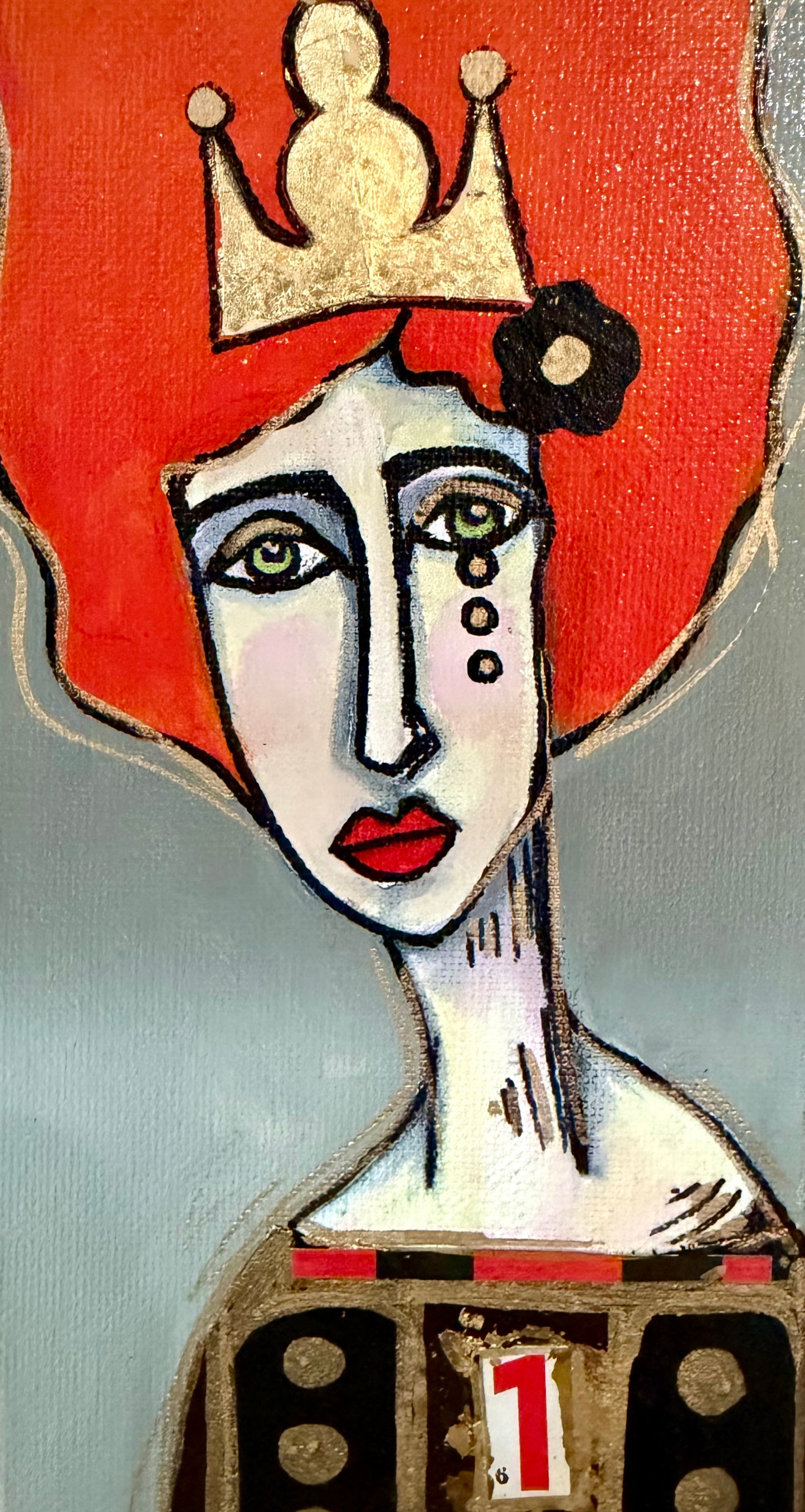 Original, signed mini /slender painting on canvas  Abstract portrait w/mixed media 4x12”