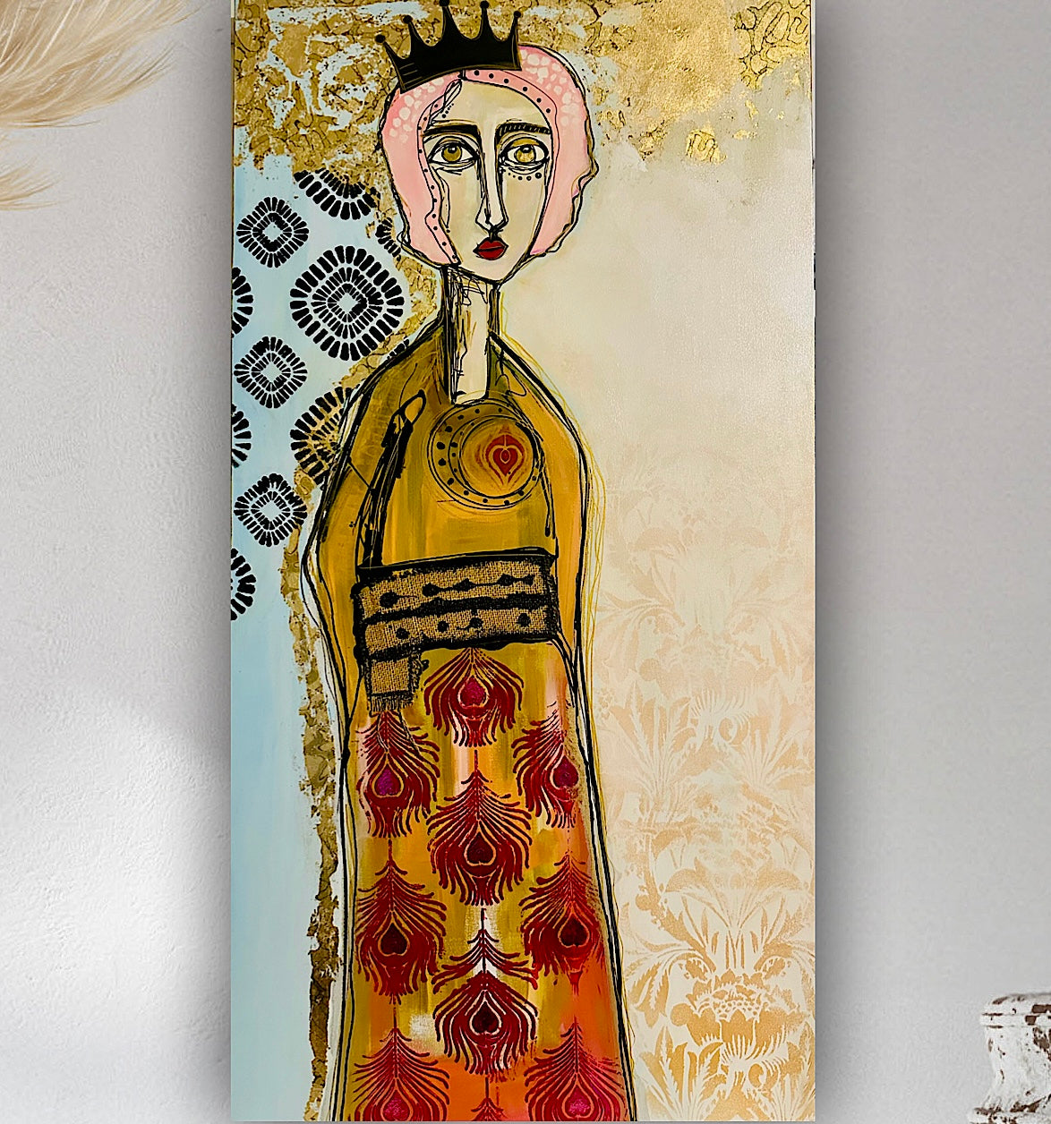 Original, signed painting-24x48”- black edge canvas: Abstract portrait w/ mixed media - ‘Black Crown’