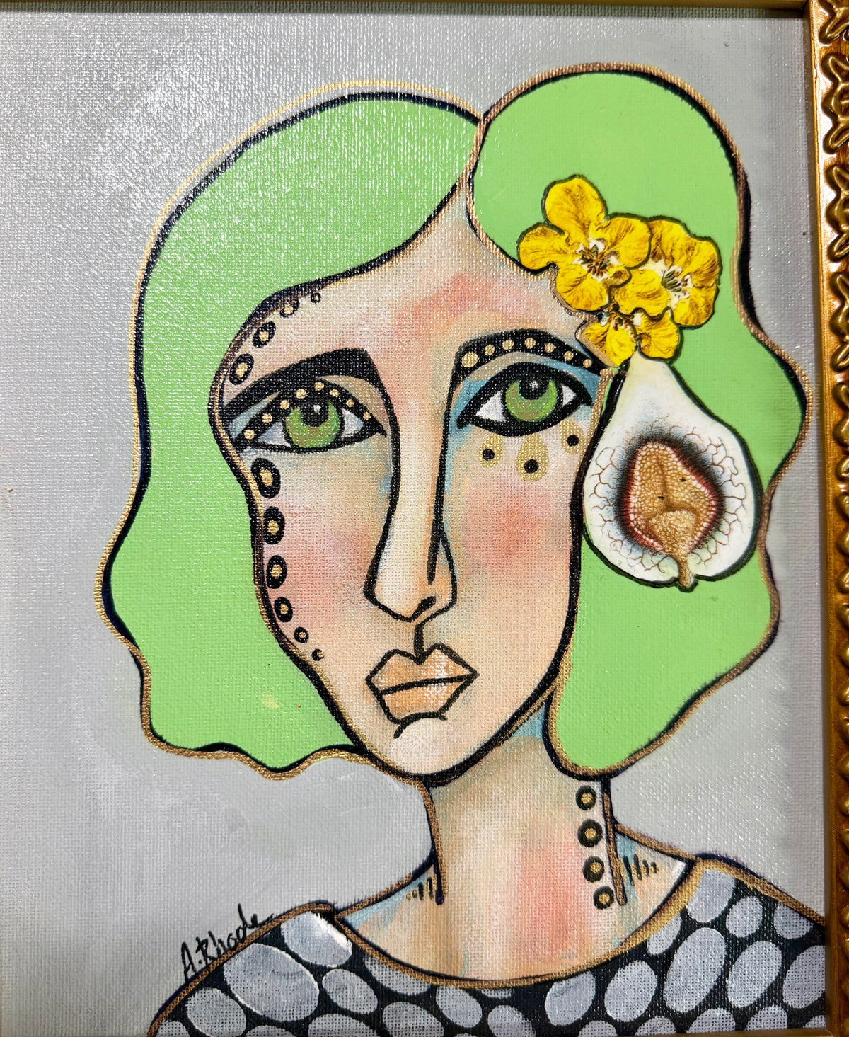 Original,signed painting-mixed media portrait on canvas board in gold frame 12x14”