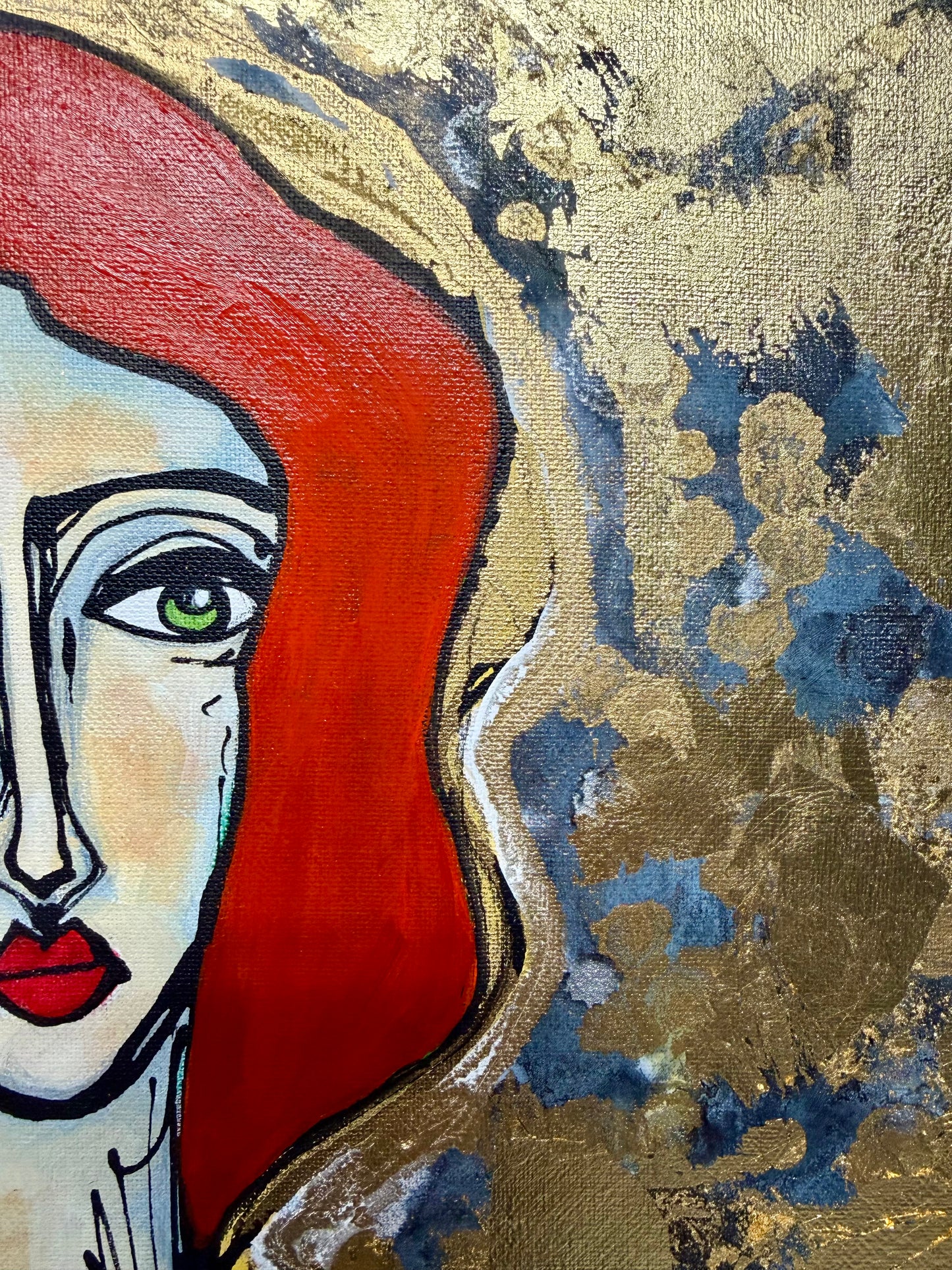 Original, signed painting-24x36” collaged edge canvas: Abstract portrait w/ mixed media