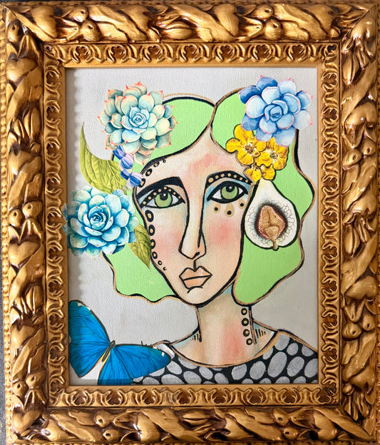 Original,signed painting-mixed media portrait on canvas board in gold frame 12x14”