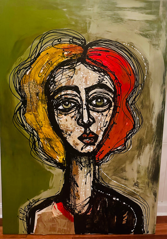 Large 40x60” Original painting on wide gallery edge canvas Abstract,splatter, contour portrait w/ mixed media