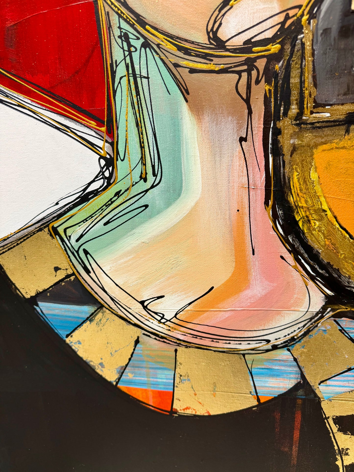 36x48 Original signed painting-wide gallery edge canvas Abstract portrait, acrylic w/mixed media collage & painted edge