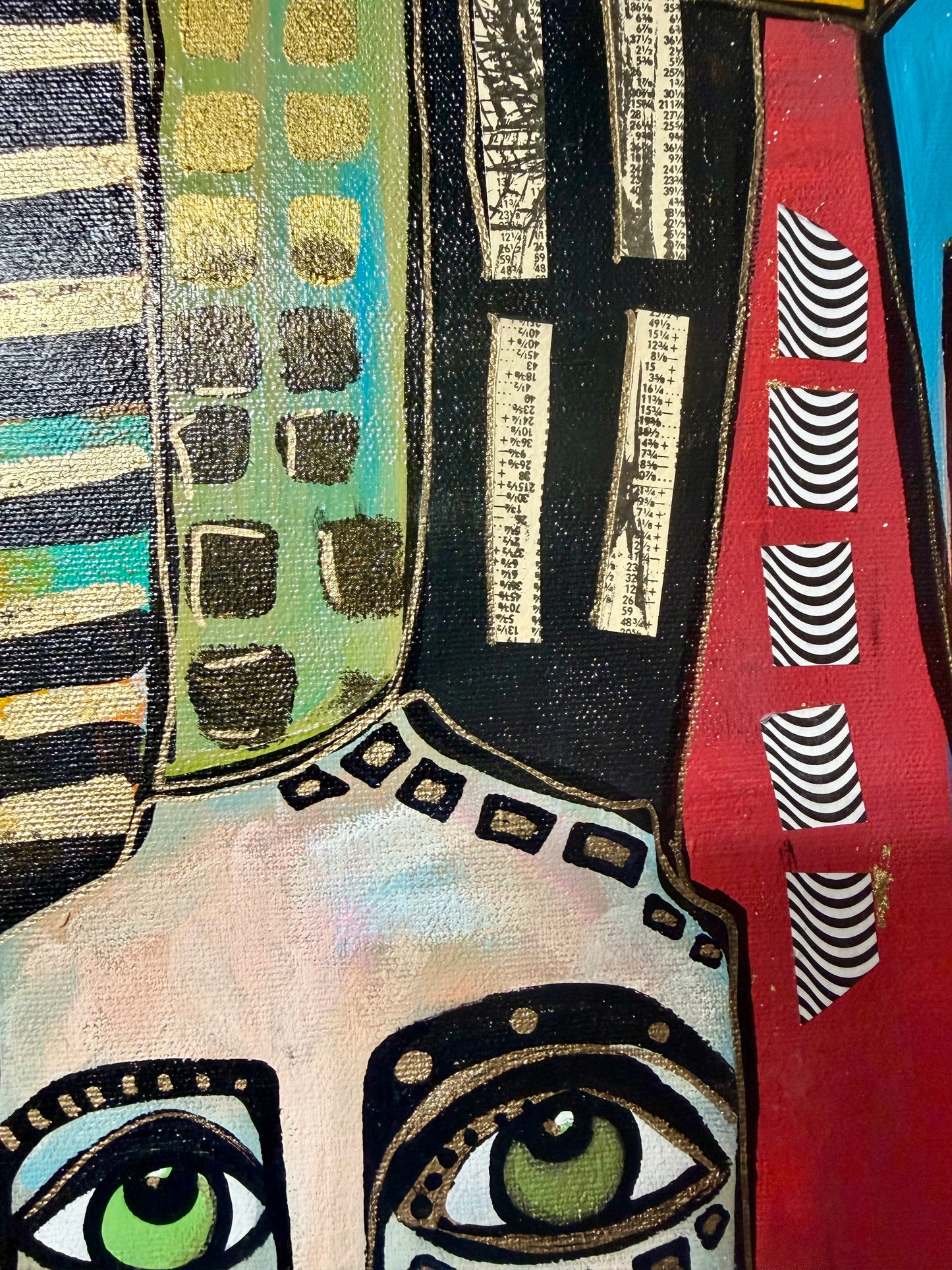 15x30” Original signed painting on painted edge canvas. Tall Abstract portrait, acrylic w/collage cityscape