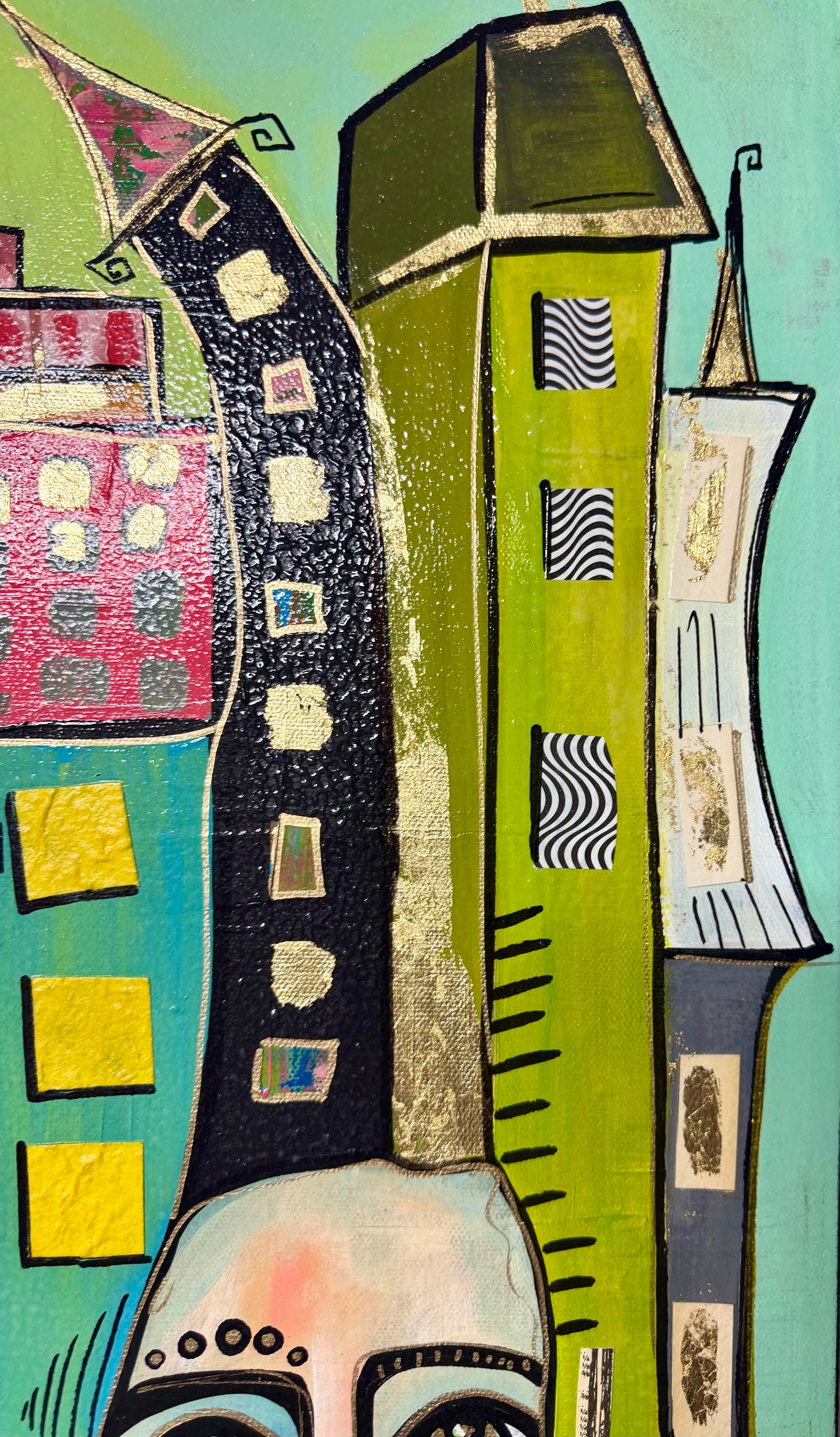 10x30” Original signed painting on painted edge canvas. Tall Abstract portrait, acrylic w/collage cityscape