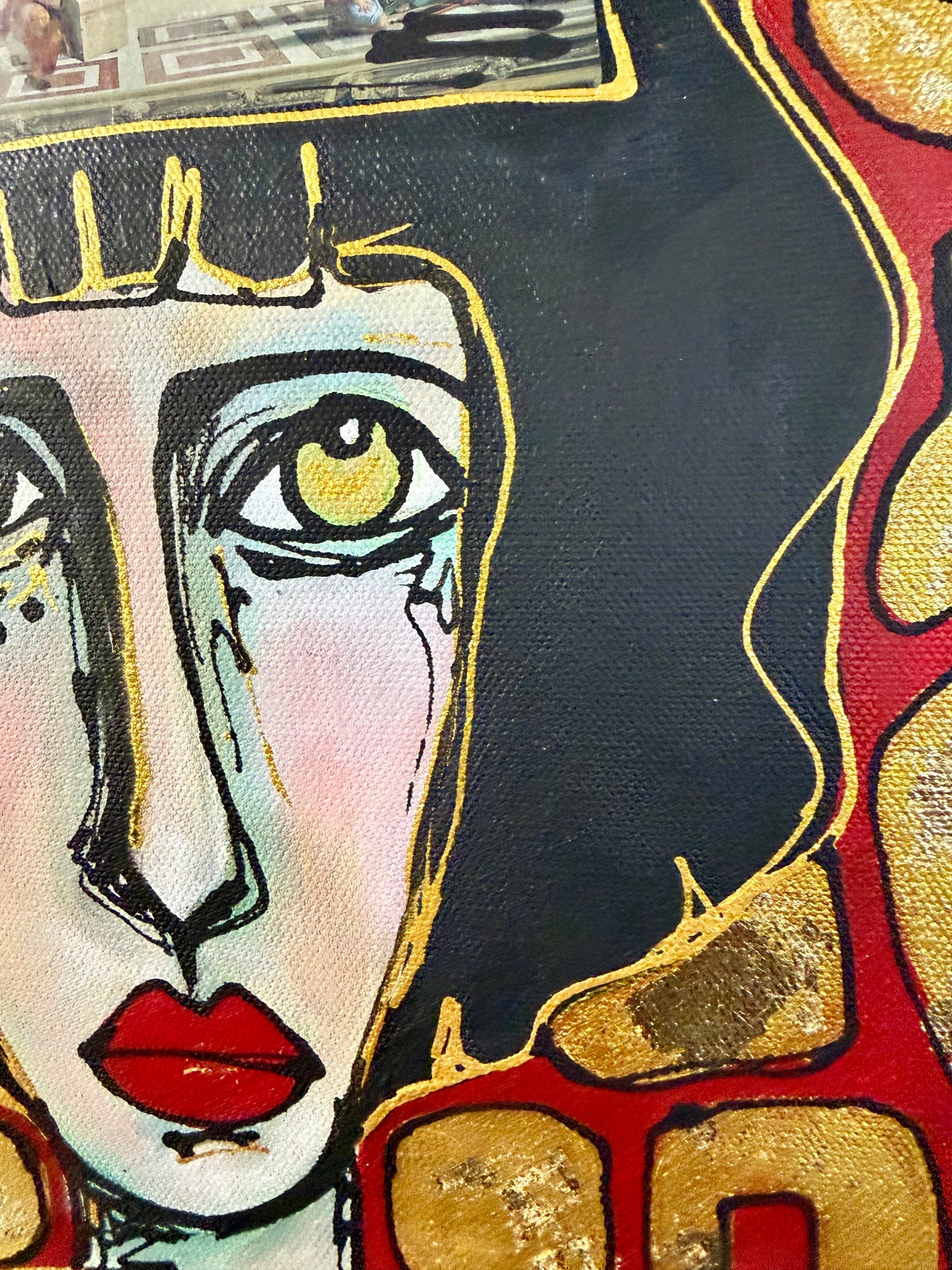 Original, signed painting-12x24” painted edge canvas: Abstract portrait w/ mixed media crown