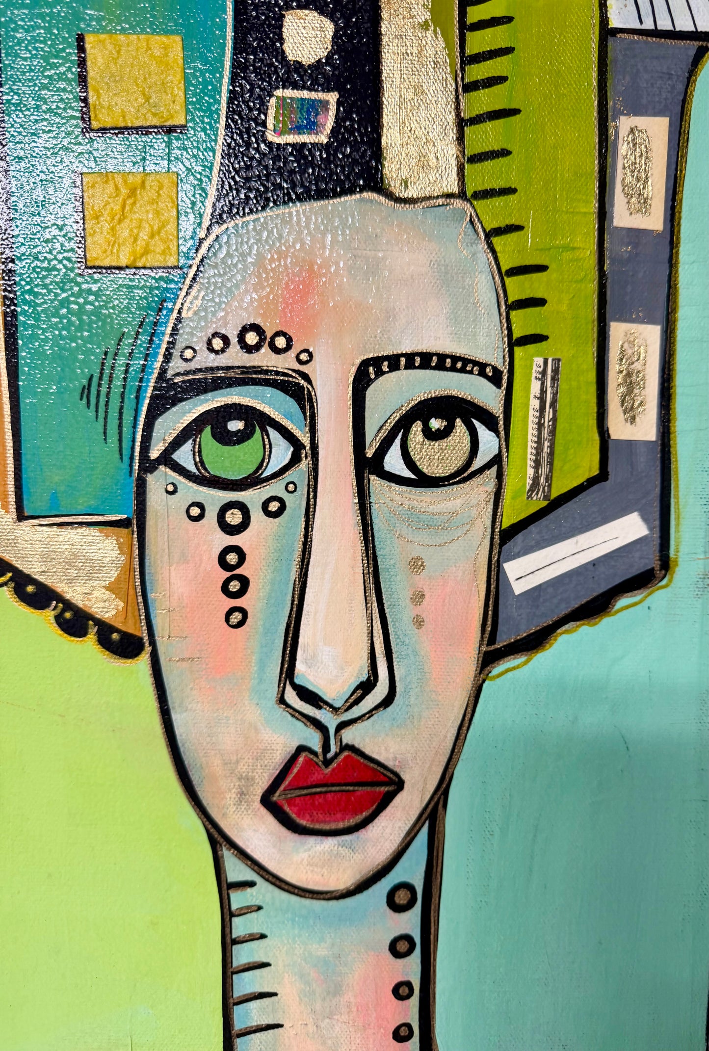 10x30” Original signed painting on painted edge canvas. Tall Abstract portrait, acrylic w/collage cityscape