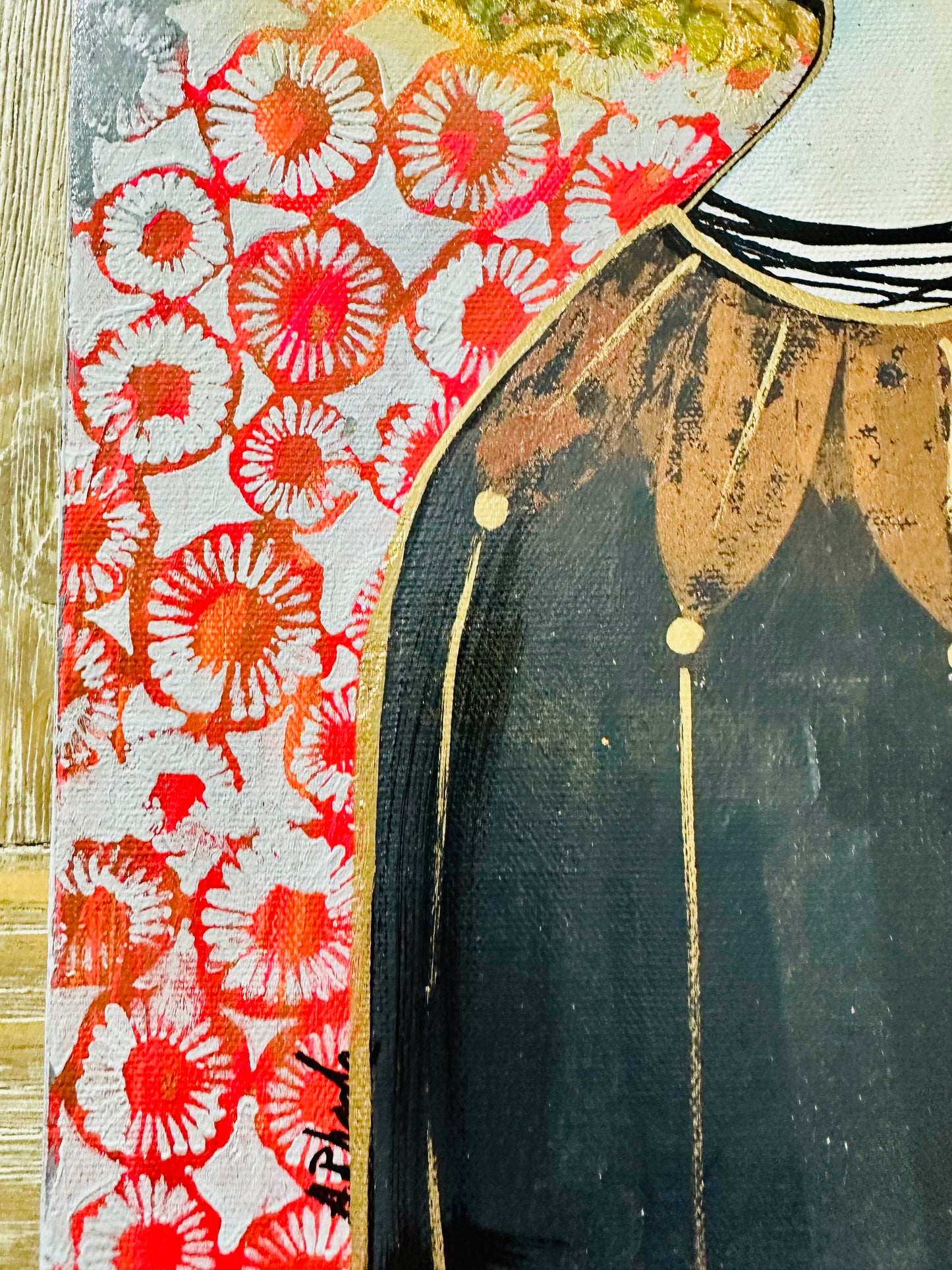 Original, signed painting-10x20” wide pained edge canvas: Abstract portrait w/ mixed media