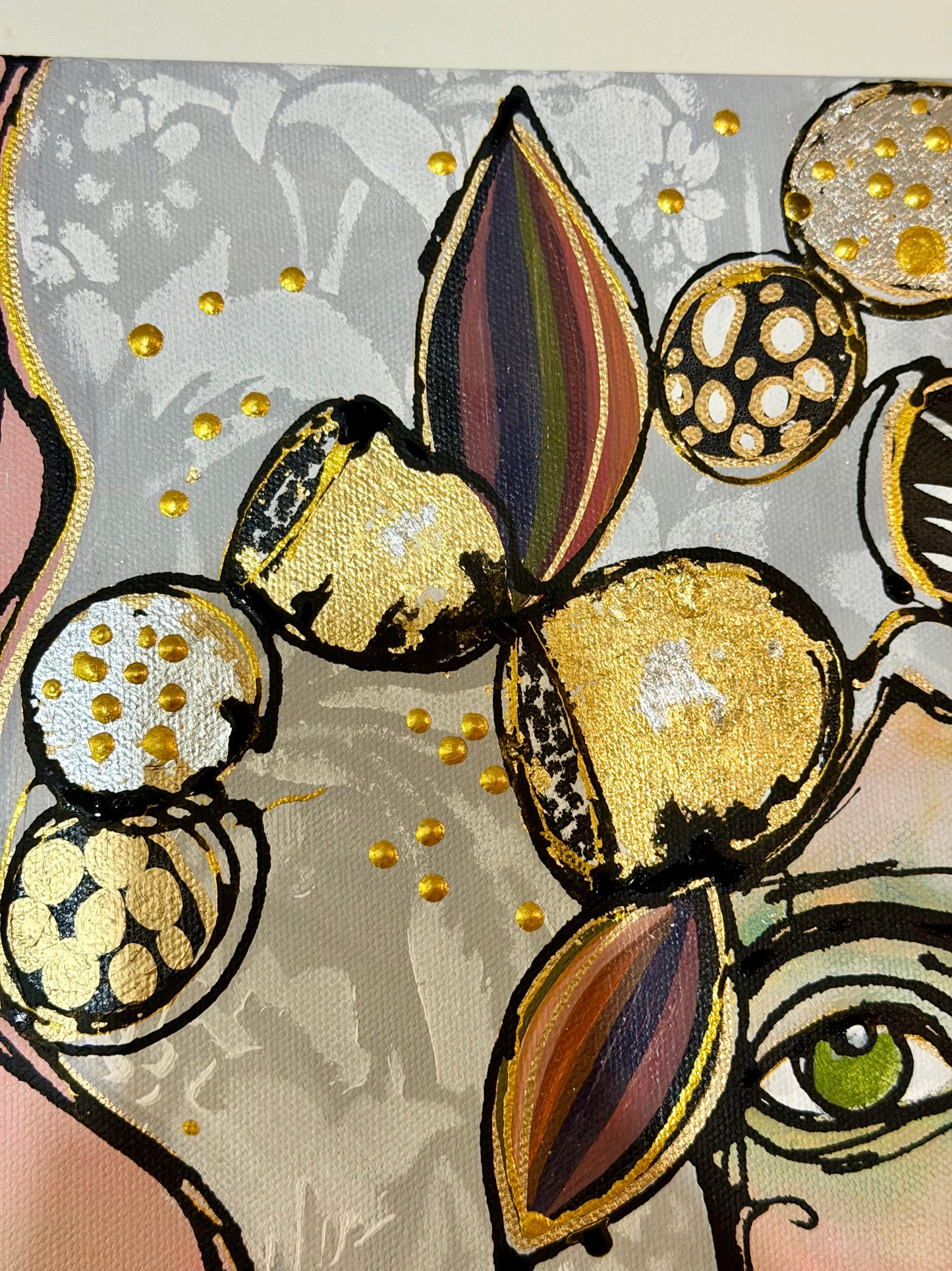 Original, signed painting-20x20”wide edge canvas: Abstract portrait with flowers/mixed media.