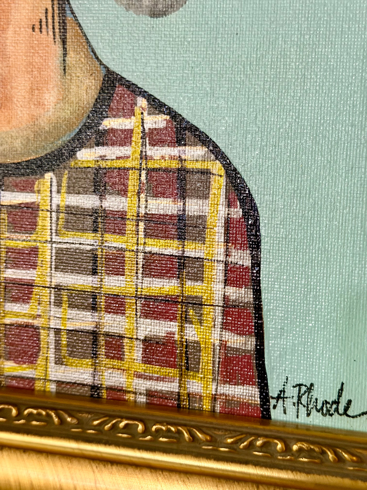 Original,signed painting-mixed media portrait on canvas in gold frame 14x17
