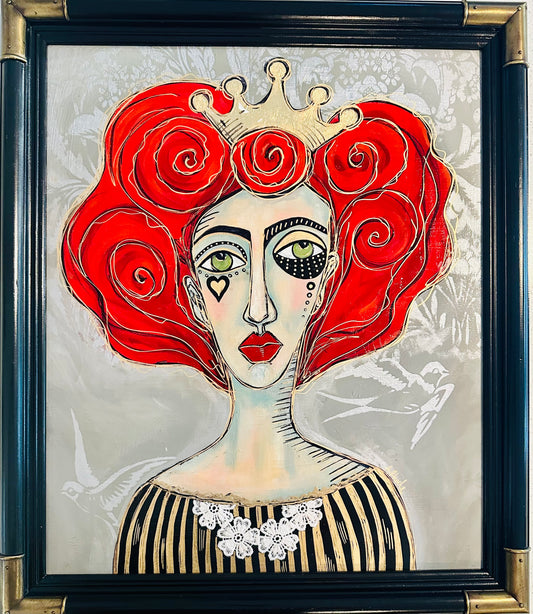 Original painting on canvas in vintage frame, 24x28”Abstract Queen Portrait-w/ mixed media collage
